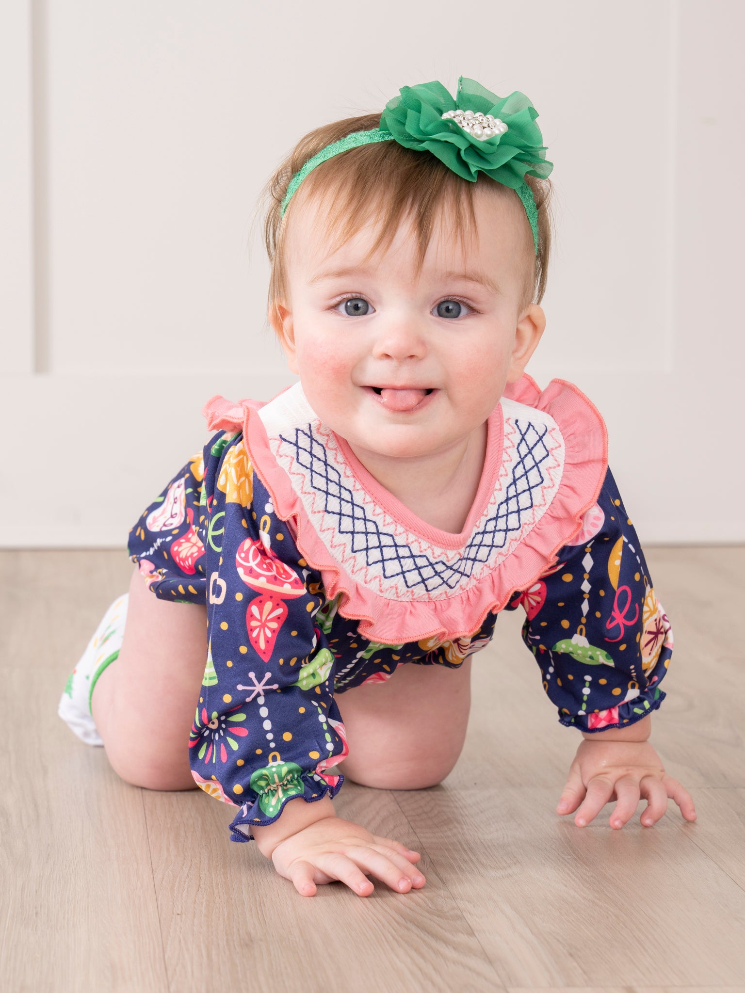 Pink & Blue Ornaments Smocked Romper - Marie Nicole Clothing