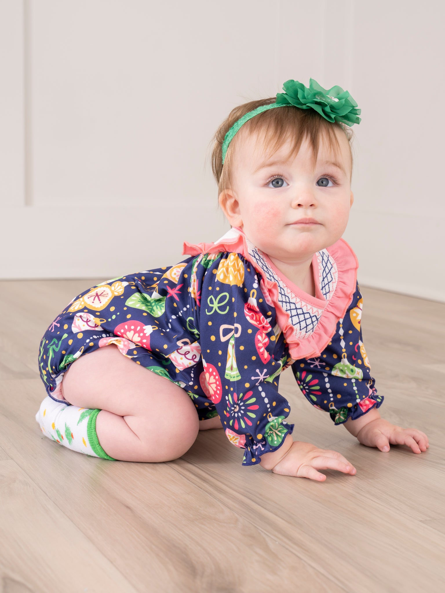 Pink & Blue Ornaments Smocked Romper - Marie Nicole Clothing