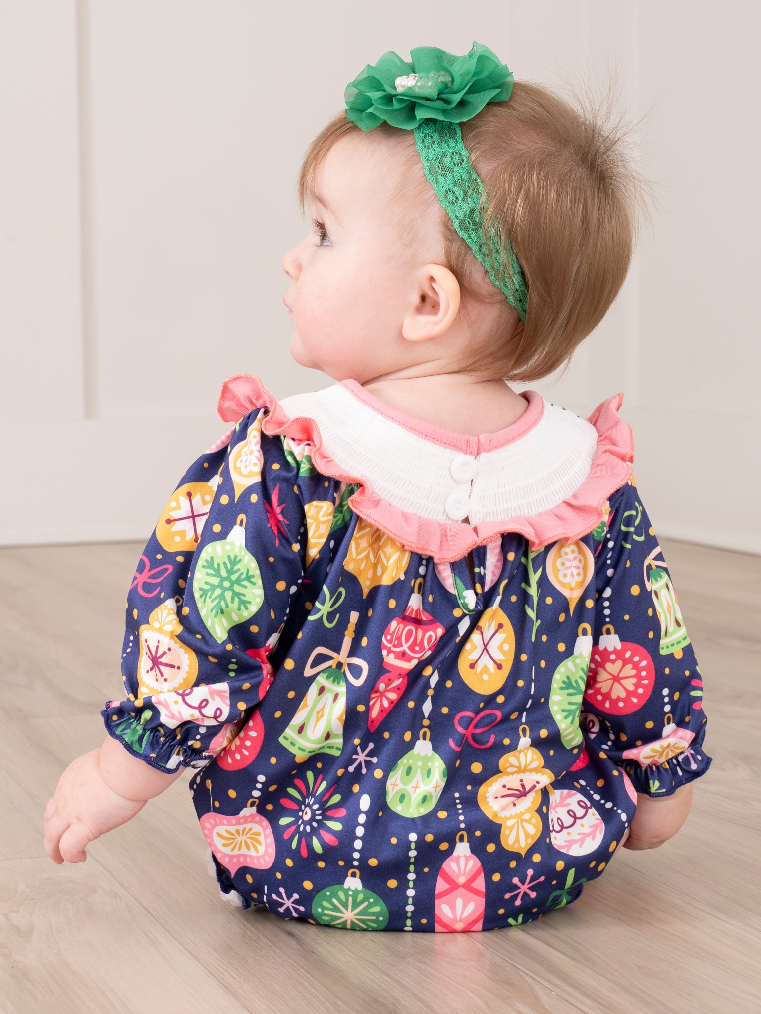 Pink & Blue Ornaments Smocked Romper - Marie Nicole Clothing