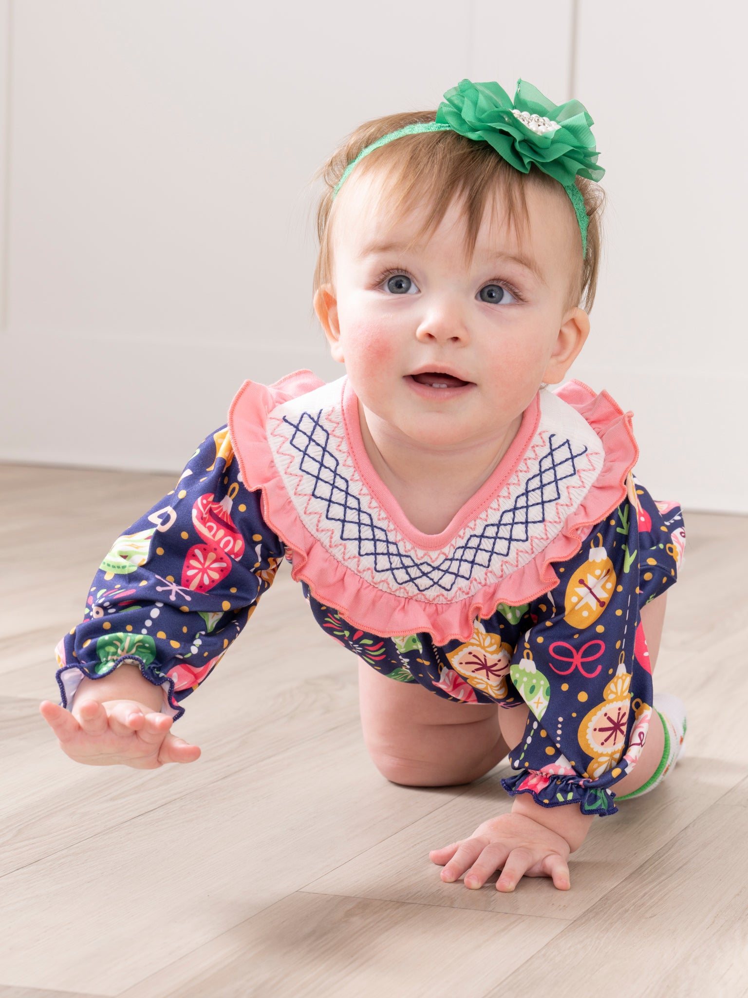 Pink & Blue Ornaments Smocked Romper - Marie Nicole Clothing