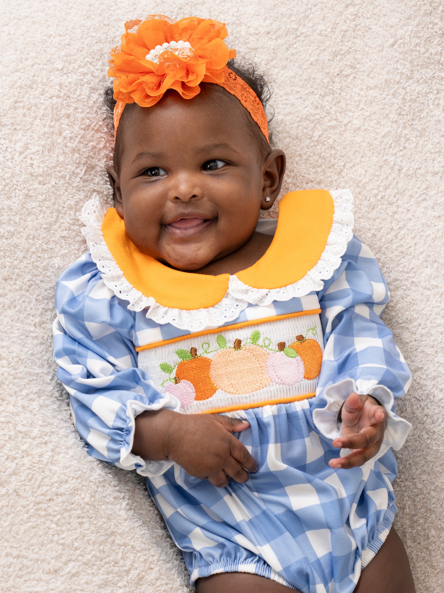 Blue Plaid & Pumpkin Smocked Bubble Romper - Marie Nicole Clothing