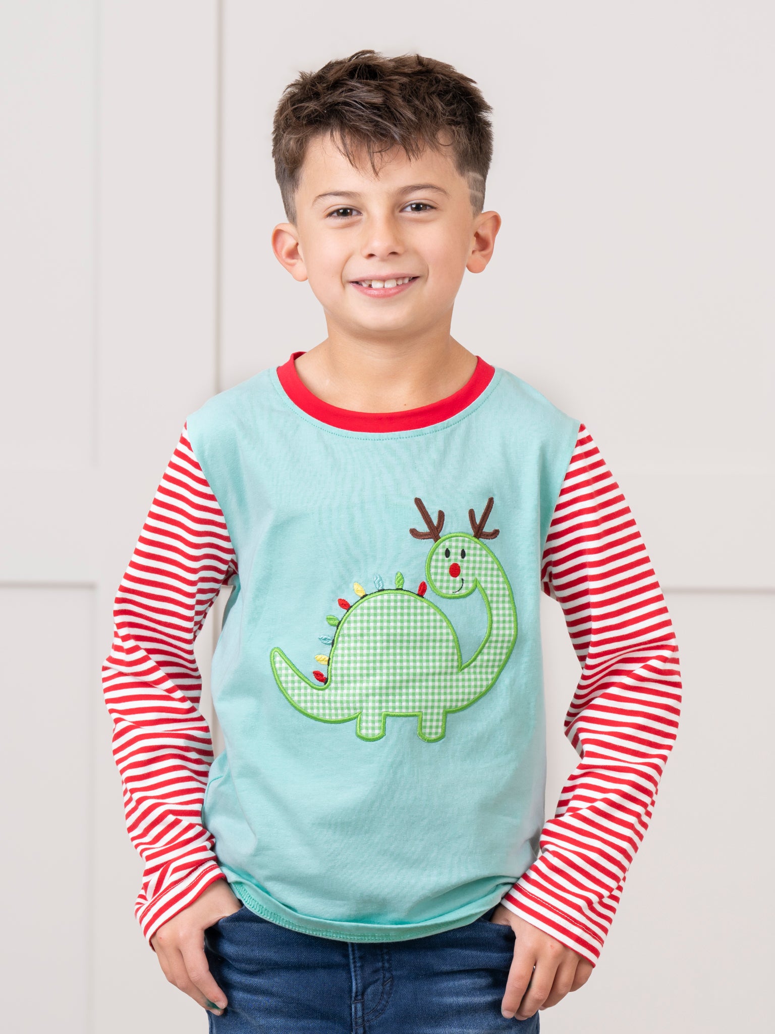 Ice Blue Embroidered Gingham Dino Raglan Shirt - Marie Nicole Clothing