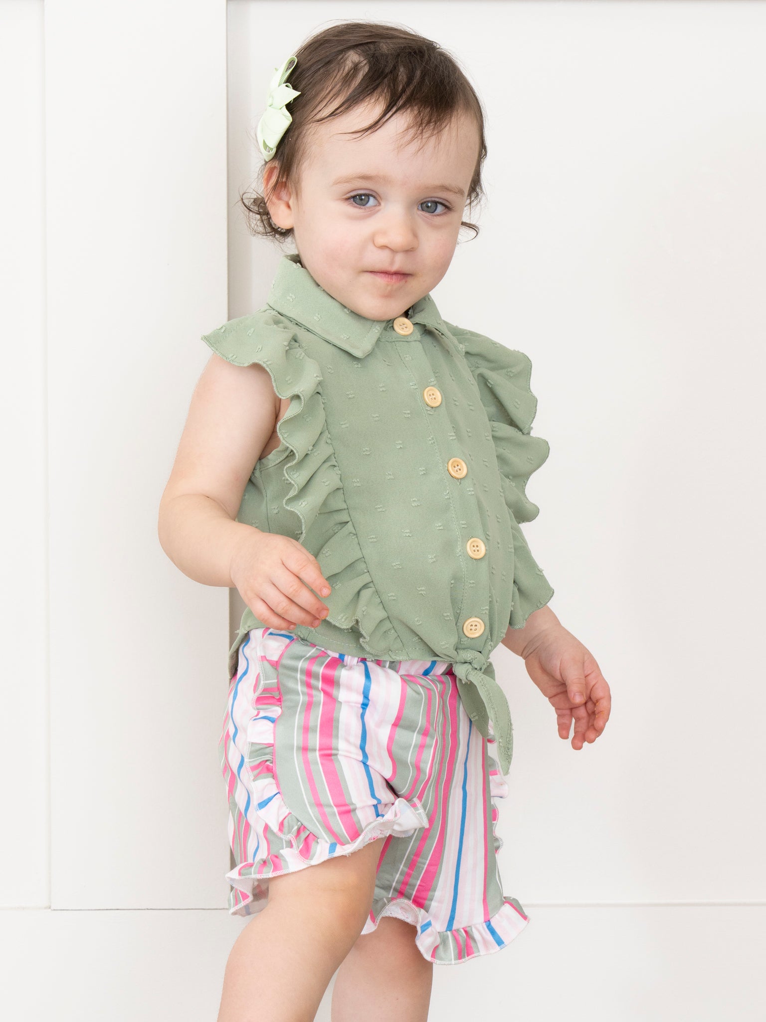 Striped Sleeveless Button Up Ruffle Outfit - Olive - Marie Nicole Clothing