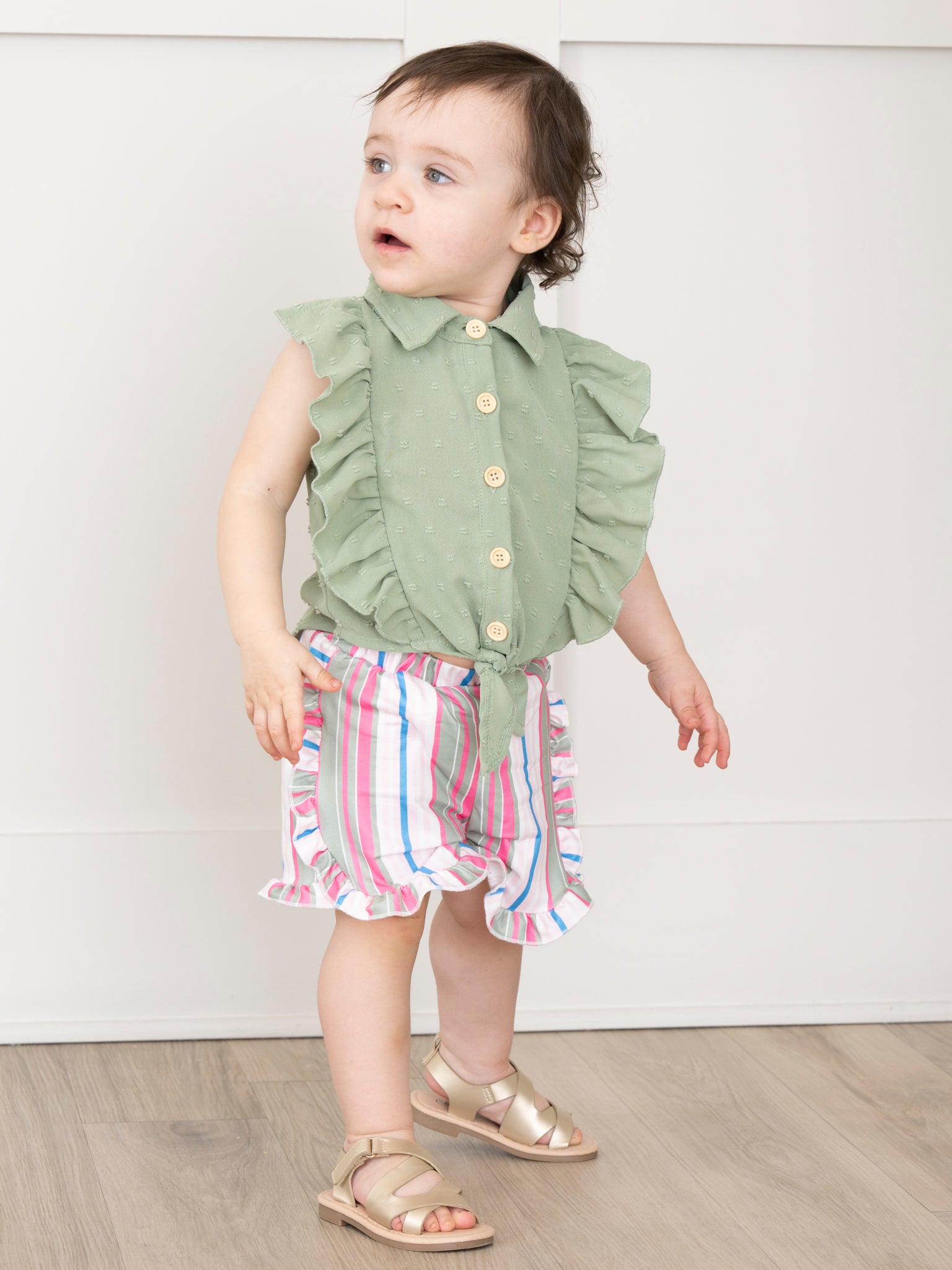 Striped Sleeveless Button Up Ruffle Outfit - Olive - Marie Nicole Clothing