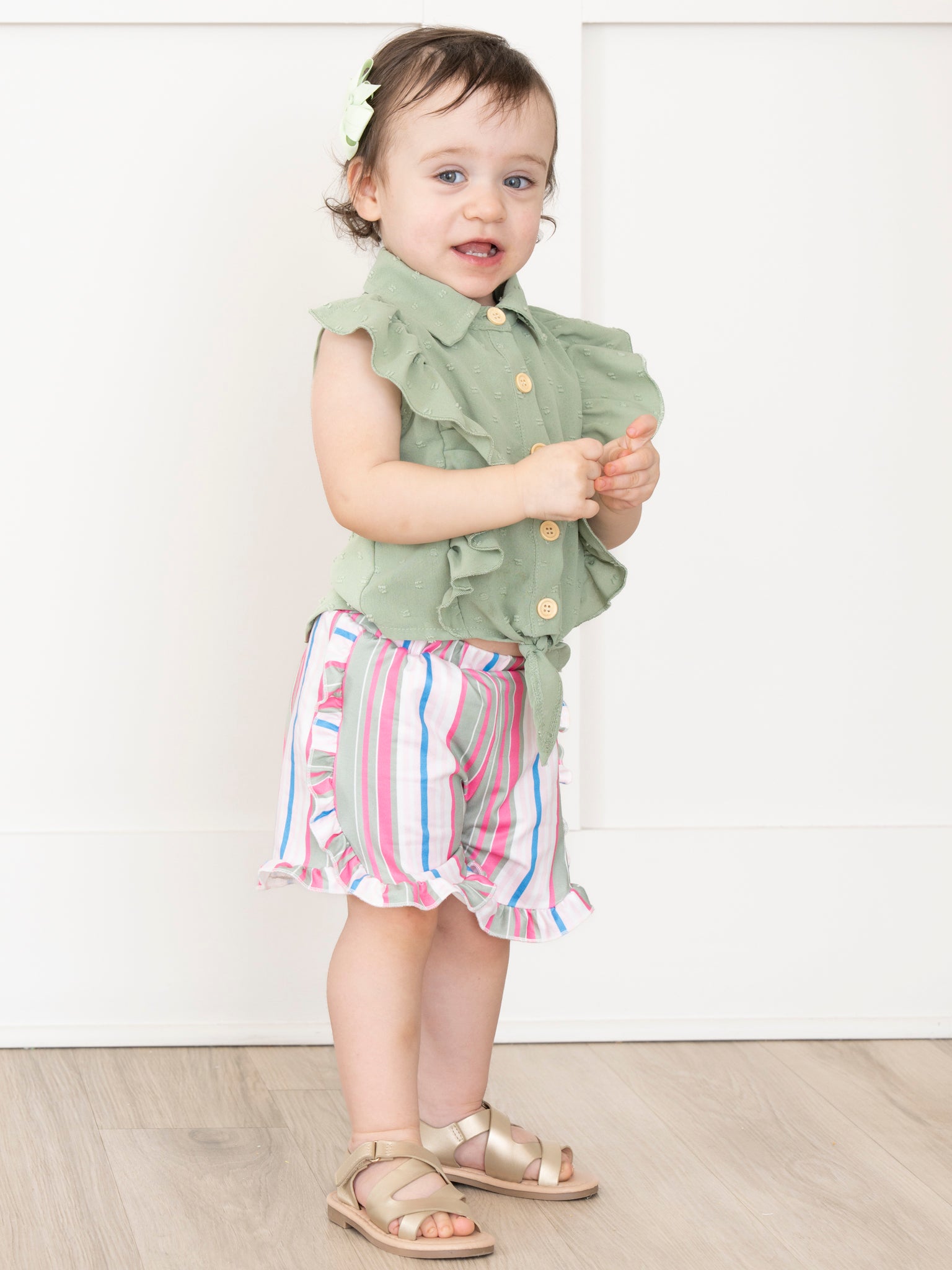 Striped Sleeveless Button Up Ruffle Outfit - Olive - Marie Nicole Clothing