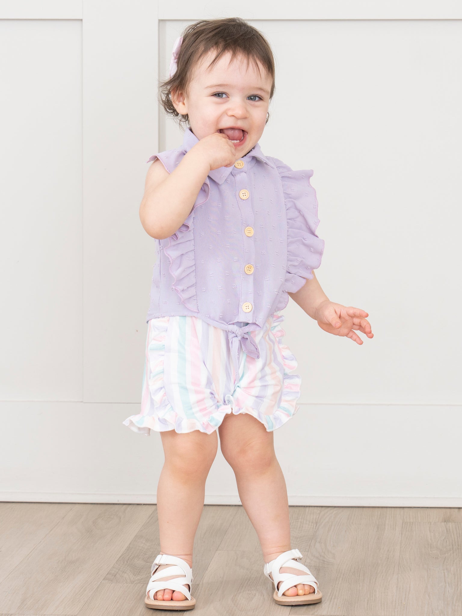 Striped Sleeveless Button Up Ruffle Outfit - Lilac - Marie Nicole Clothing
