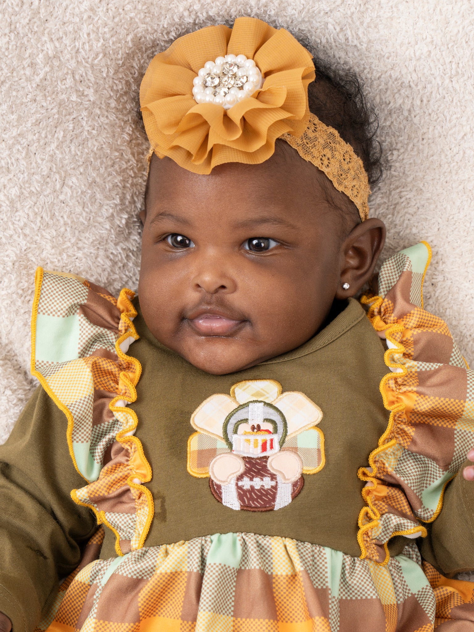 Olive Embroidered Turkey Ruffle Bubble Romper - Marie Nicole Clothing