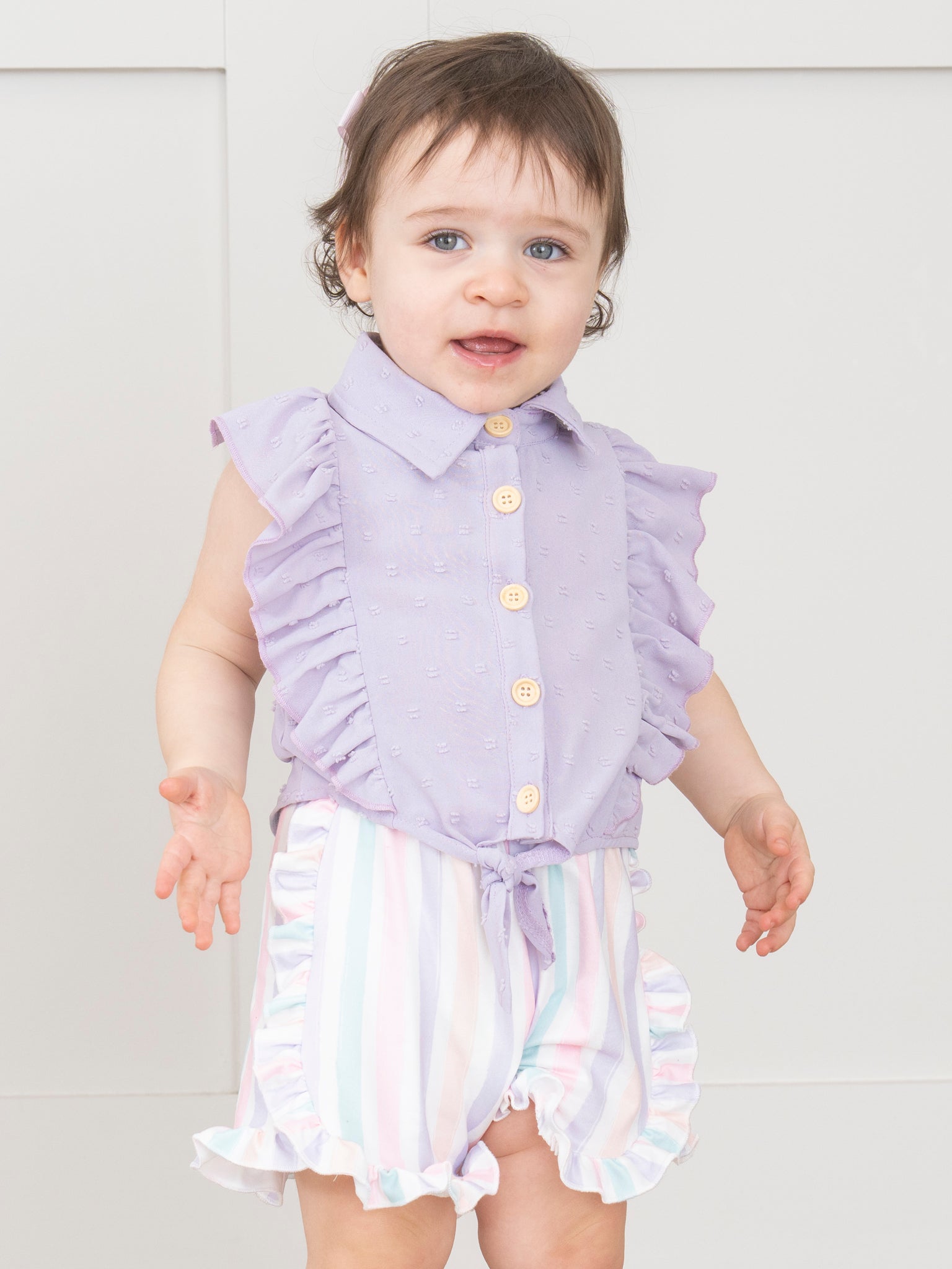 Striped Sleeveless Button Up Ruffle Outfit - Lilac - Marie Nicole Clothing