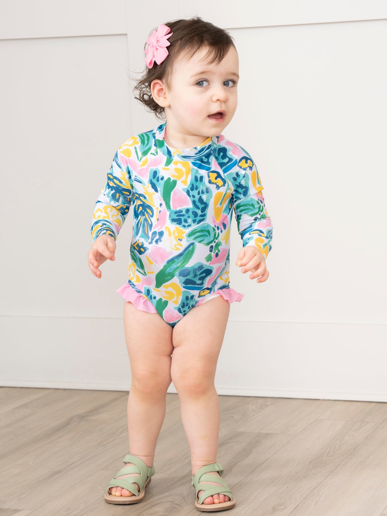 Watercolor Banana Leaves Ruffle Rashguard Swimsuit - Marie Nicole Clothing