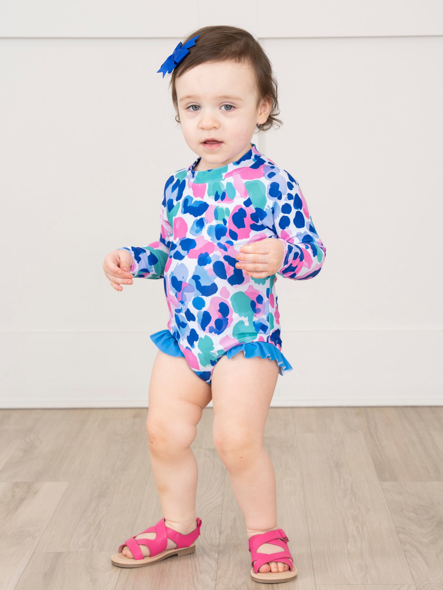 Leopard Watercolor Ruffle Rashguard Swimsuit - Marie Nicole Clothing