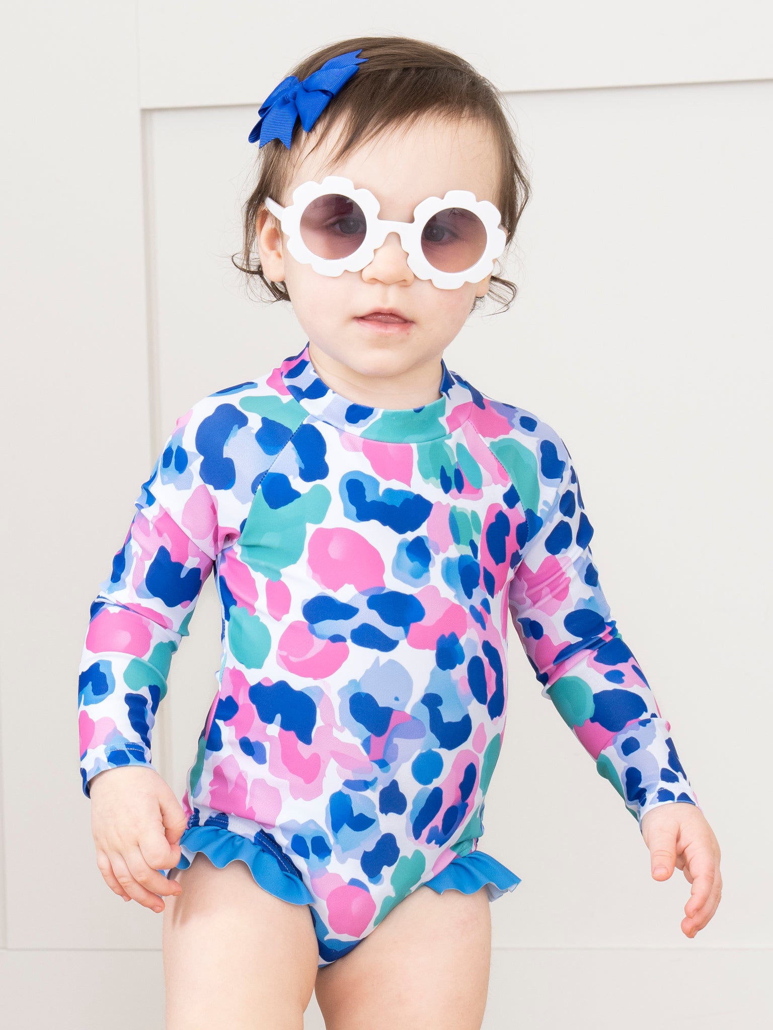 Leopard Watercolor Ruffle Rashguard Swimsuit - Marie Nicole Clothing
