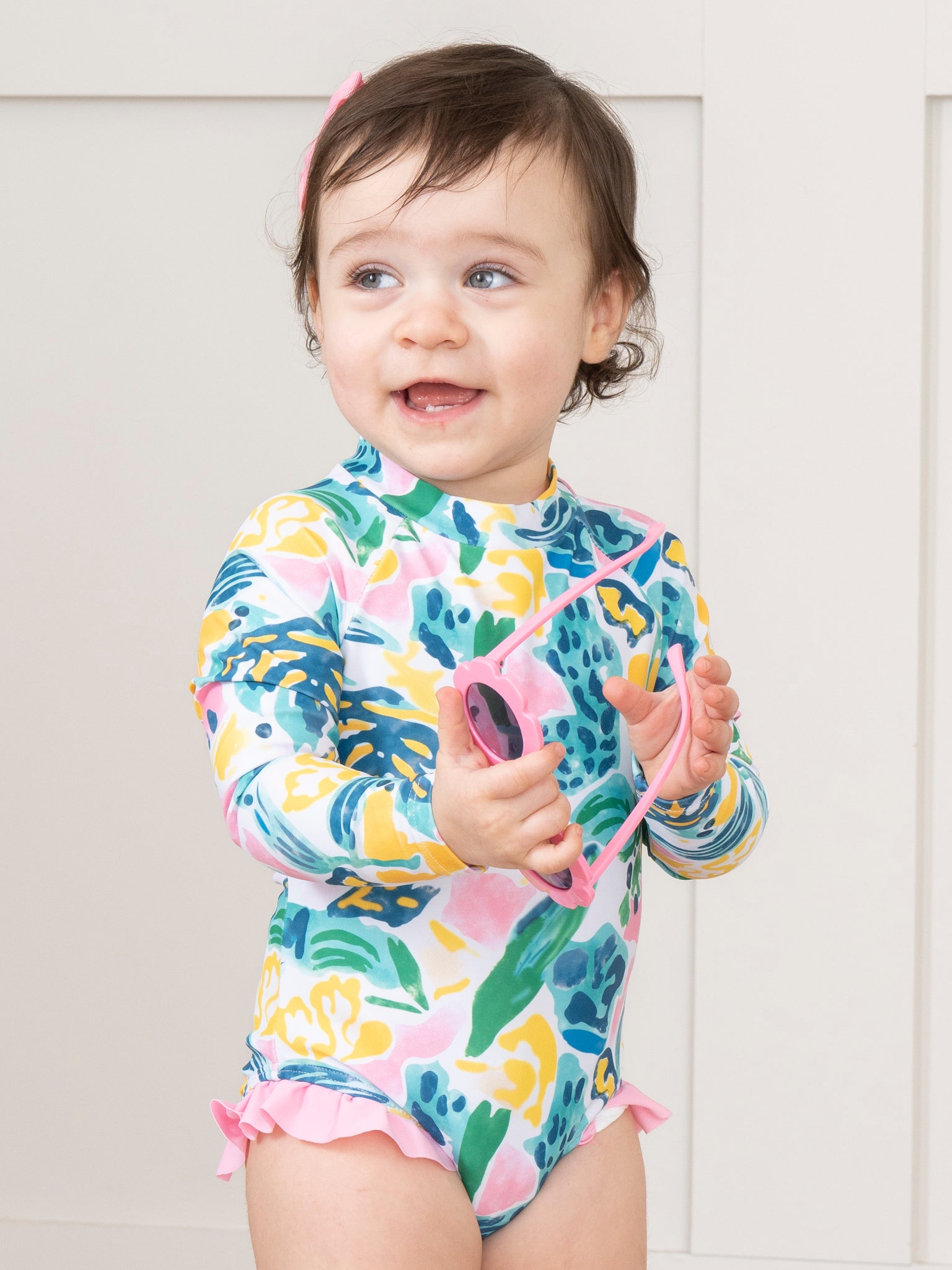 Watercolor Banana Leaves Ruffle Rashguard Swimsuit - Marie Nicole Clothing