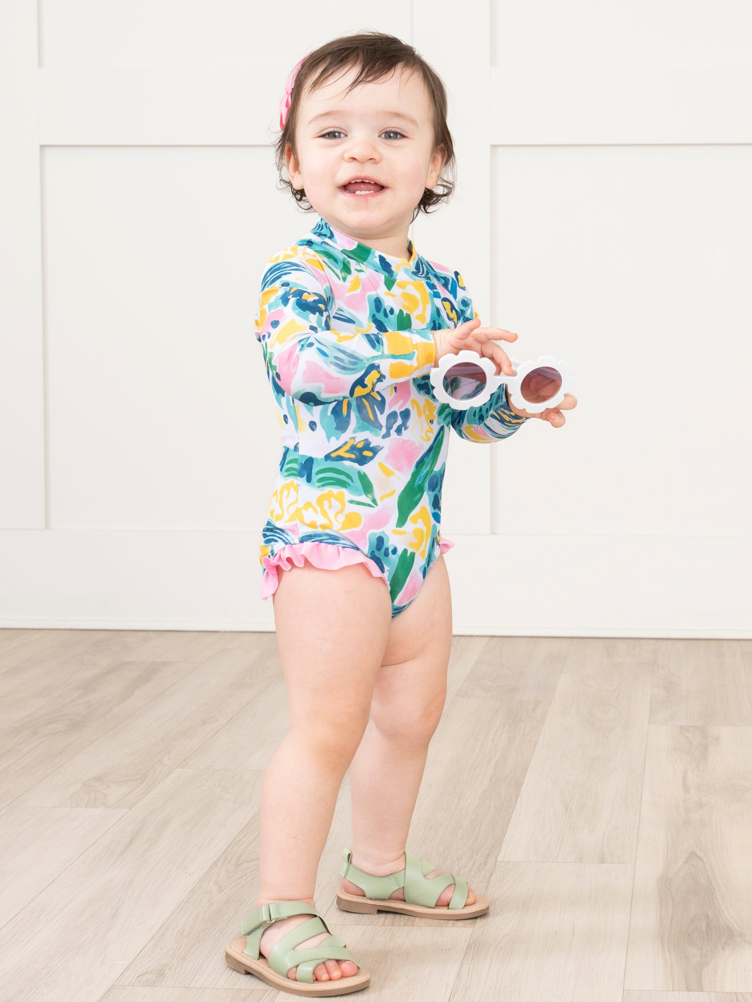 Watercolor Banana Leaves Ruffle Rashguard Swimsuit - Marie Nicole Clothing