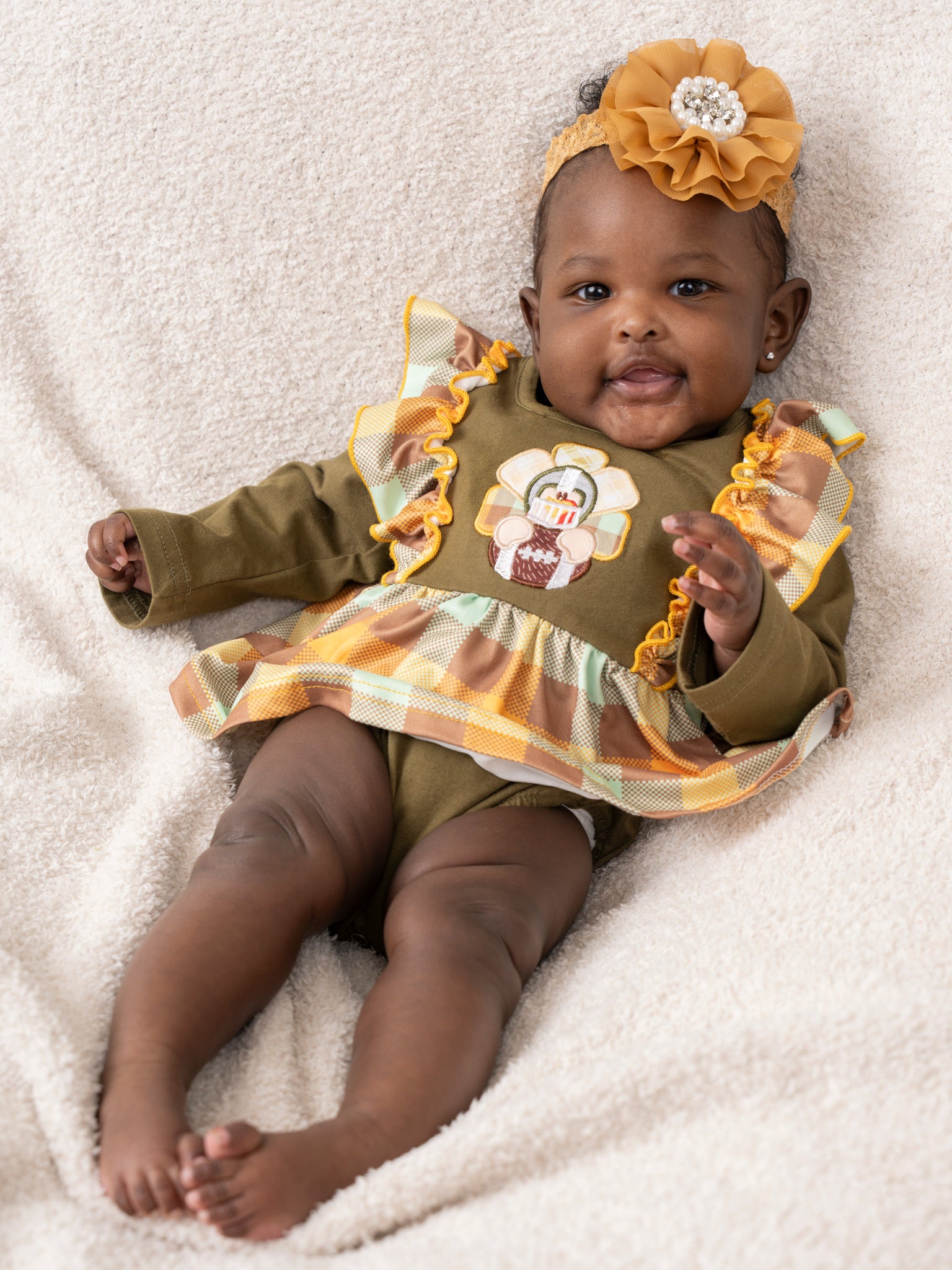 Olive Embroidered Turkey Ruffle Bubble Romper - Marie Nicole Clothing