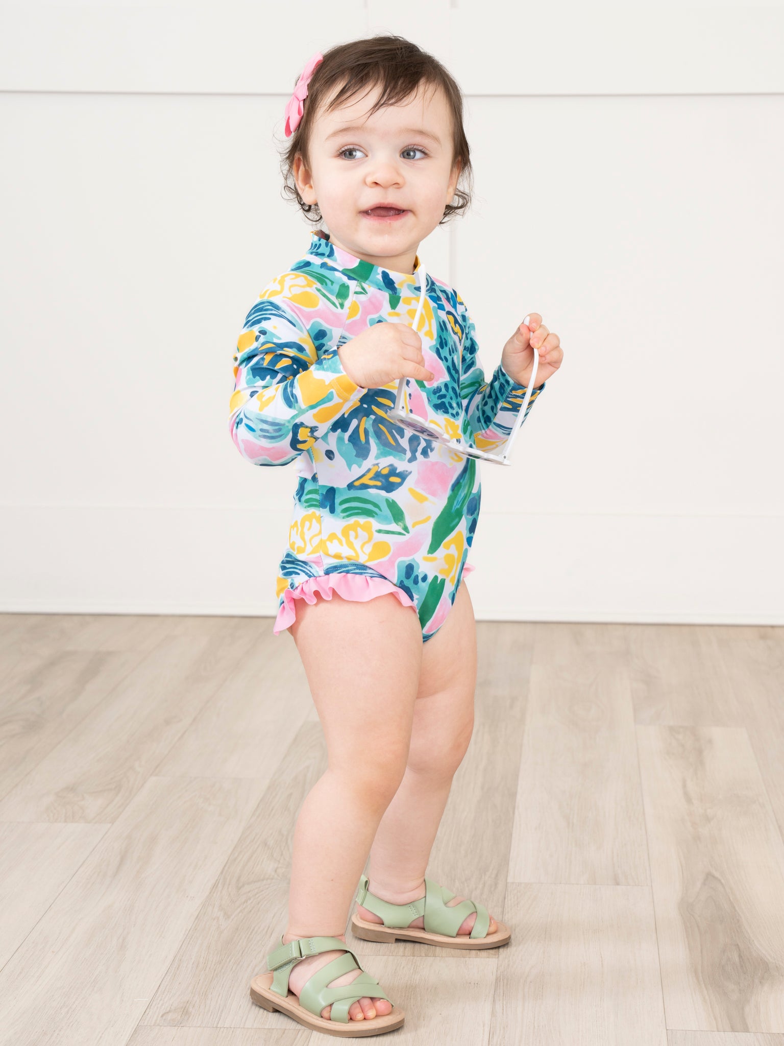 Watercolor Banana Leaves Ruffle Rashguard Swimsuit - Marie Nicole Clothing
