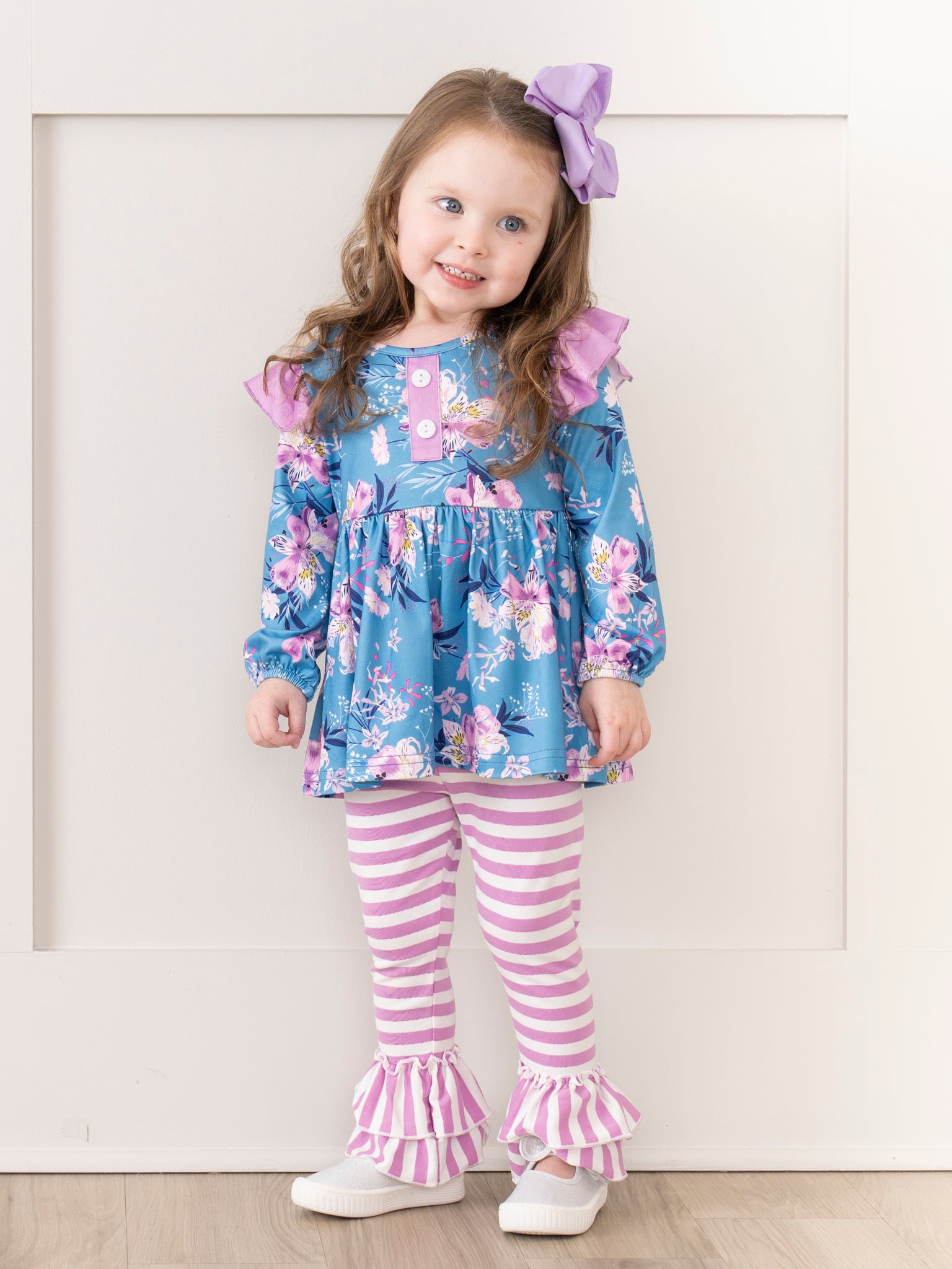 Blue Florals & Purple Stripes Ruffle Outfit - Marie Nicole Clothing