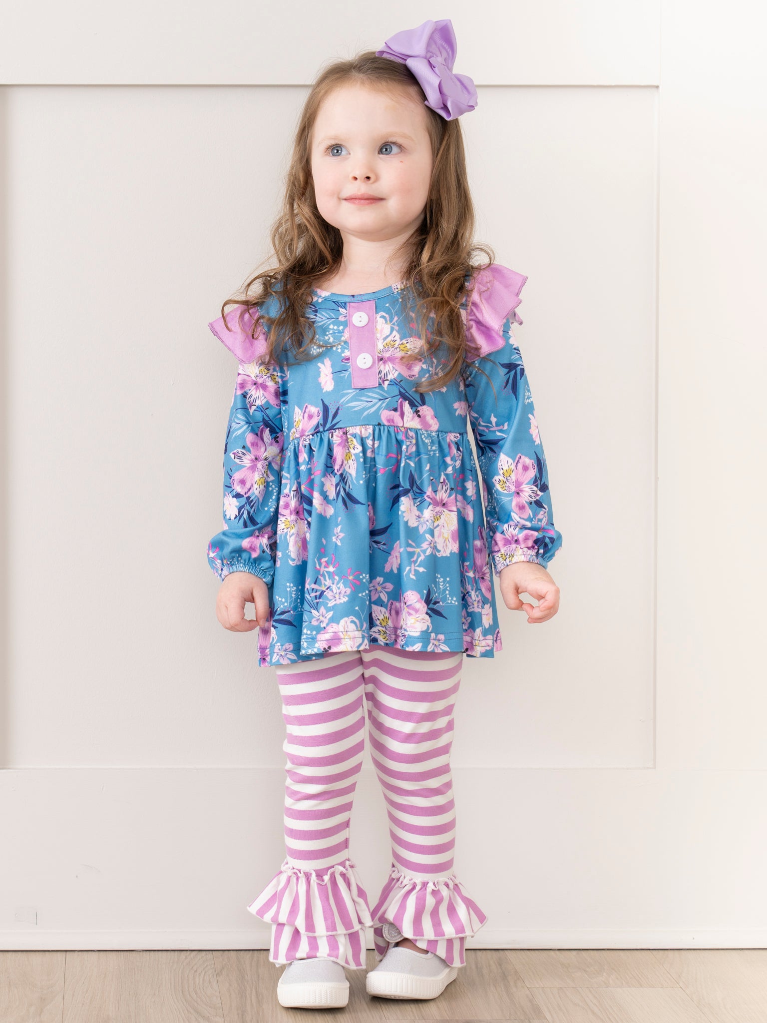 Blue Florals & Purple Stripes Ruffle Outfit - Marie Nicole Clothing