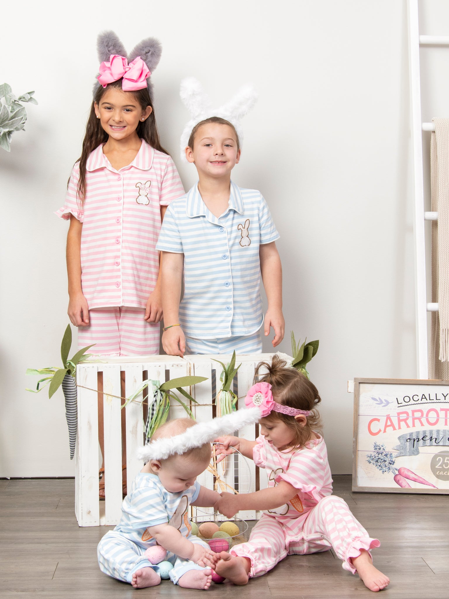 Striped Bunny & Carrots Pink Ruffle Pajamas - Marie Nicole Clothing