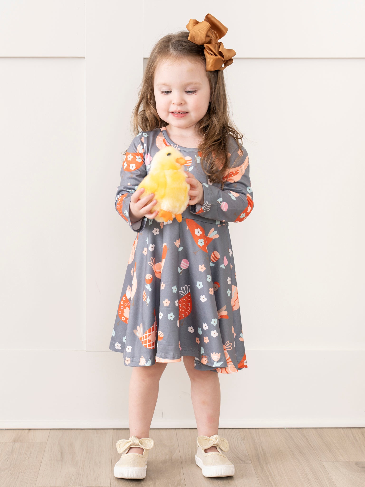 Grey & Orange Chickens Swing Dress - Marie Nicole Clothing