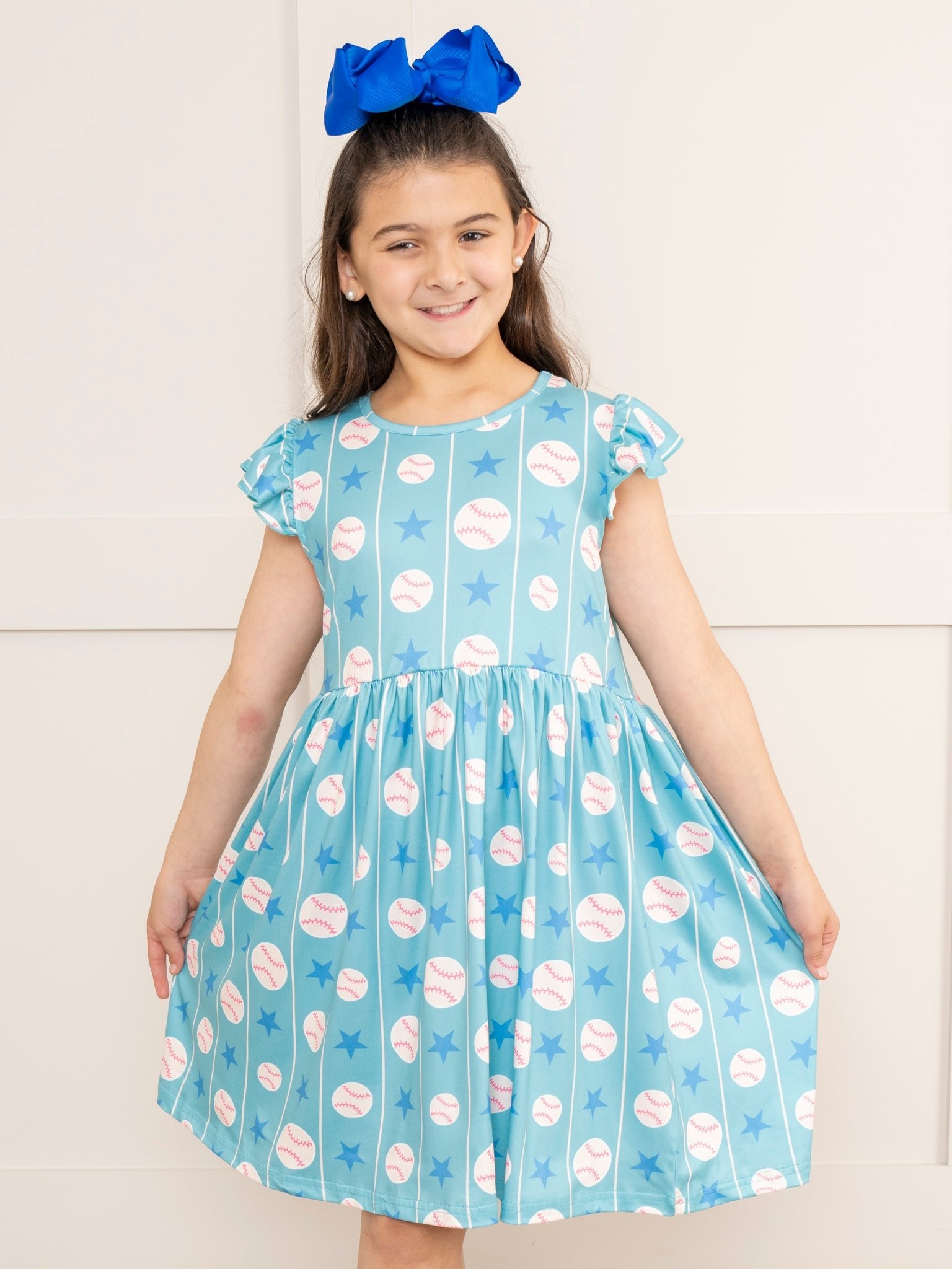 Bright Blue Baseball Star Ruffle Dress - Marie Nicole Clothing