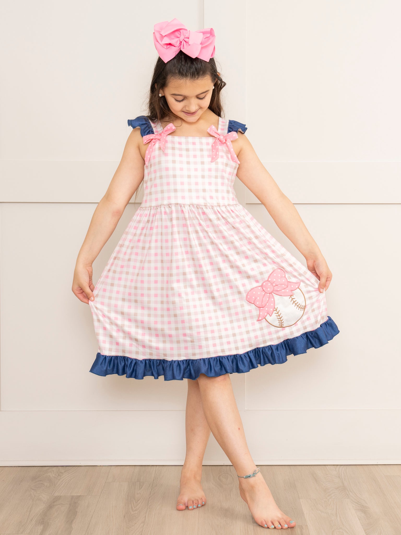 Pink & Navy Gingham Embroidered Baseball Ruffle Dress - Marie Nicole Clothing