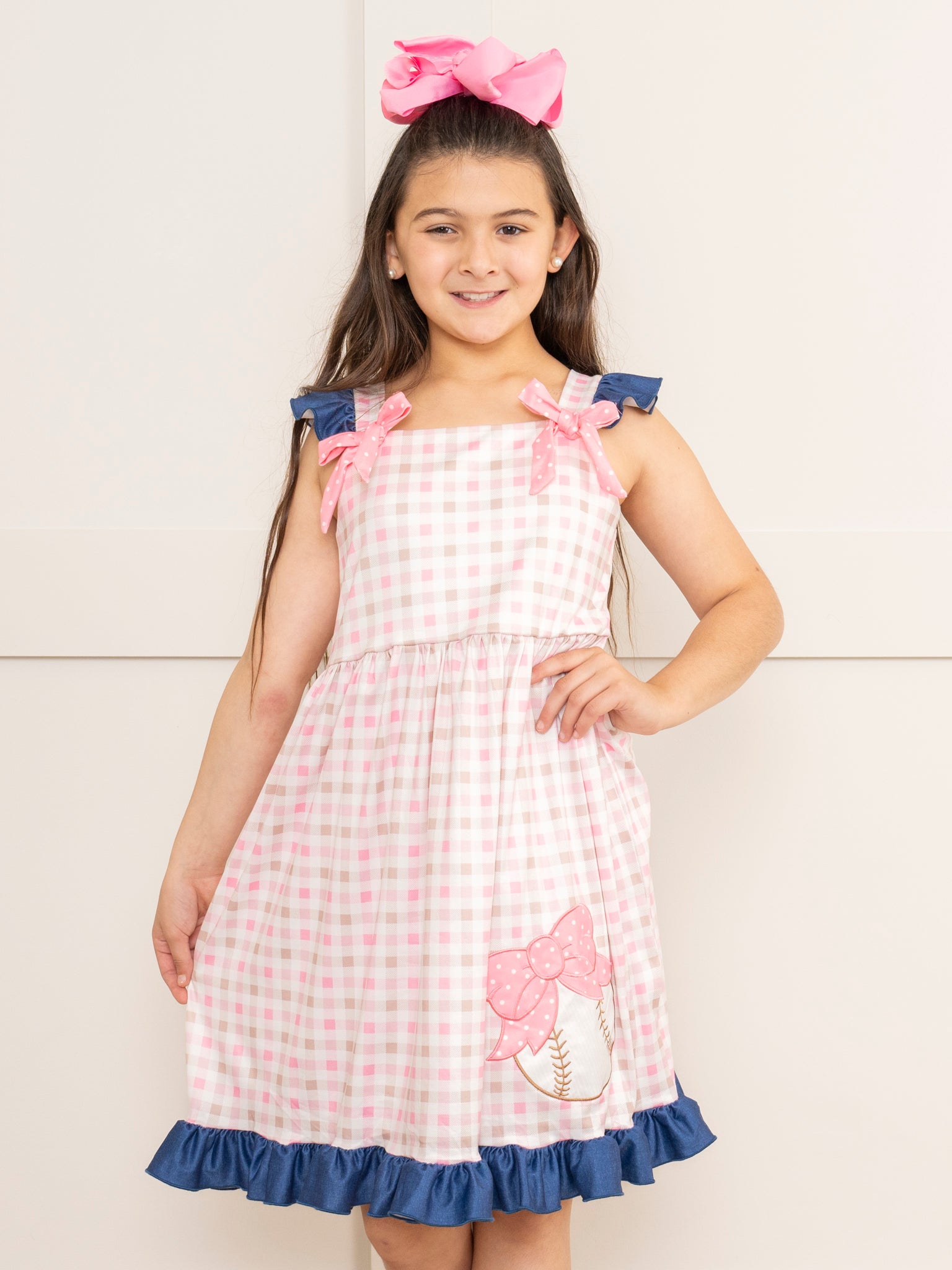 Pink & Navy Gingham Embroidered Baseball Ruffle Dress - Marie Nicole Clothing