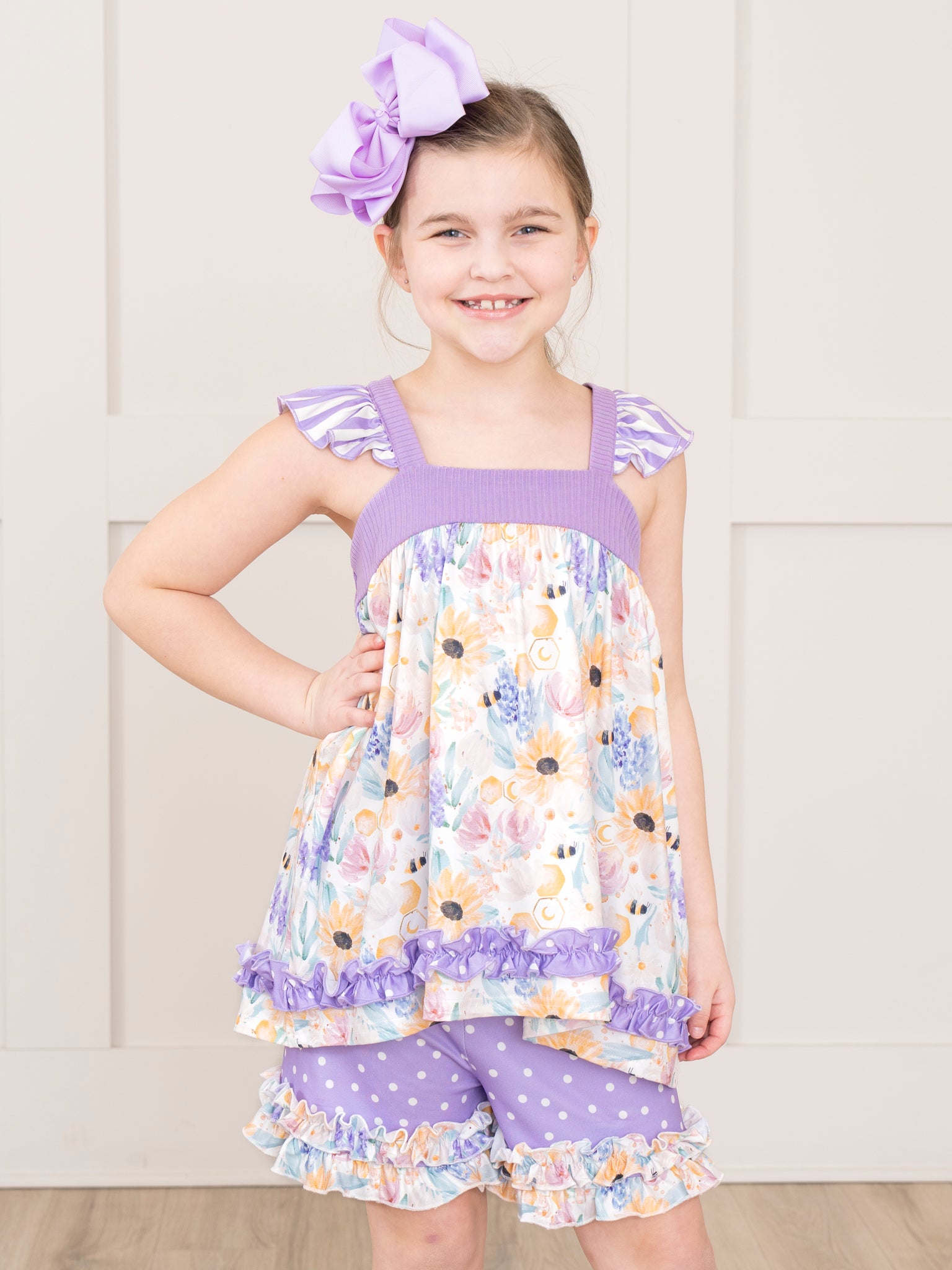 Purple & Yellow Watercolor Wildflowers Ruffle Outfit - Marie Nicole Clothing