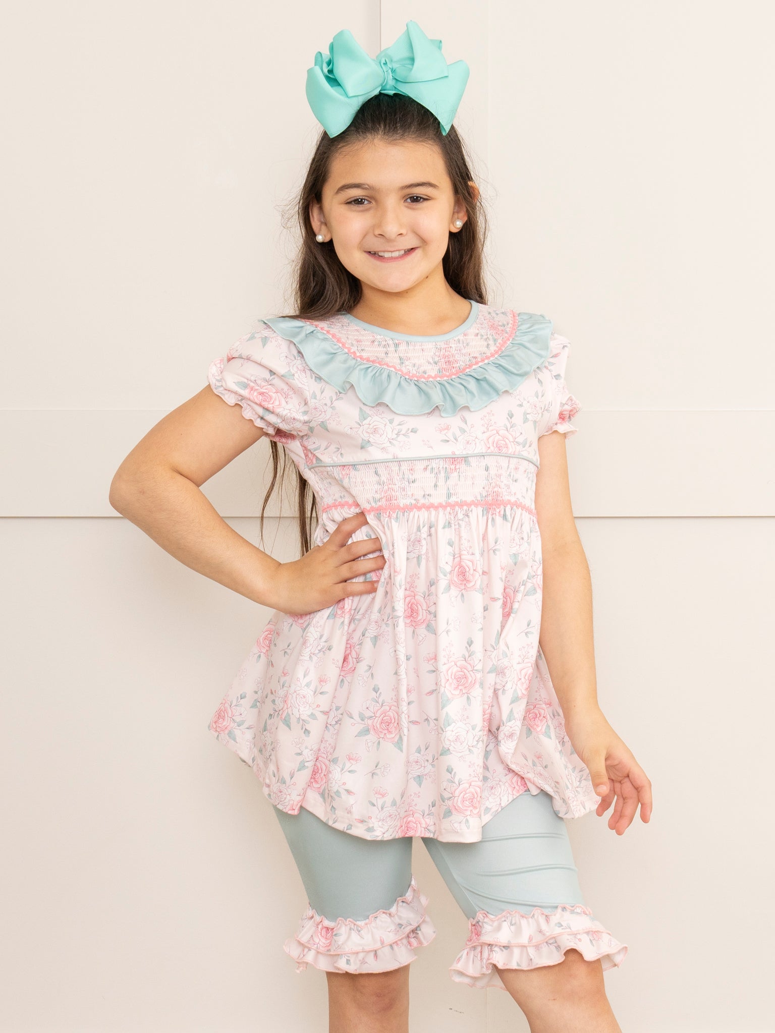 Teal & Rose Bouquets Smocked Ruffle Outfit - Marie Nicole Clothing