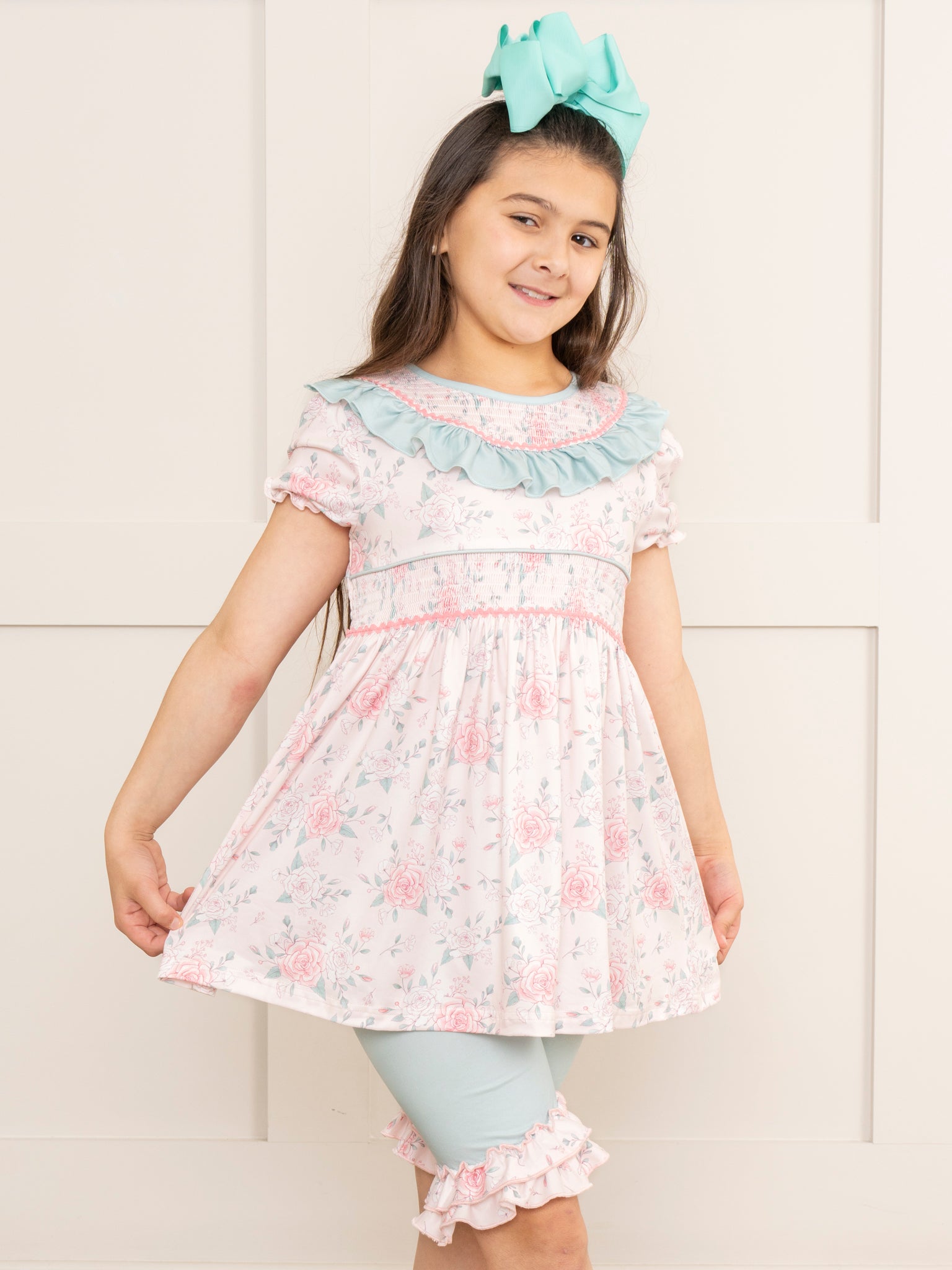 Teal & Rose Bouquets Smocked Ruffle Outfit - Marie Nicole Clothing