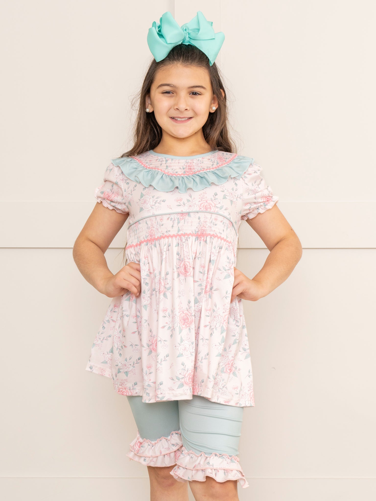 Teal & Rose Bouquets Smocked Ruffle Outfit - Marie Nicole Clothing