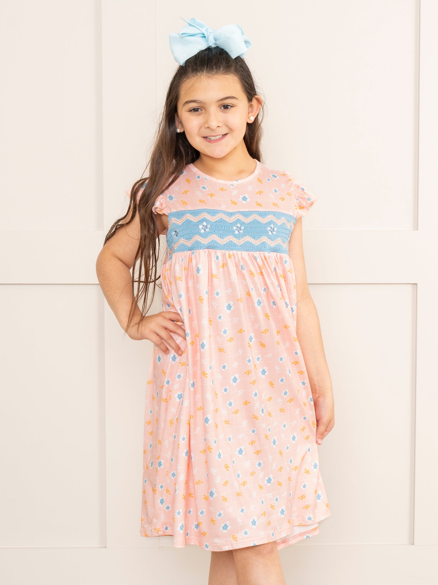 Peachy Blossoms Smocked Ruffle Dress - Marie Nicole Clothing