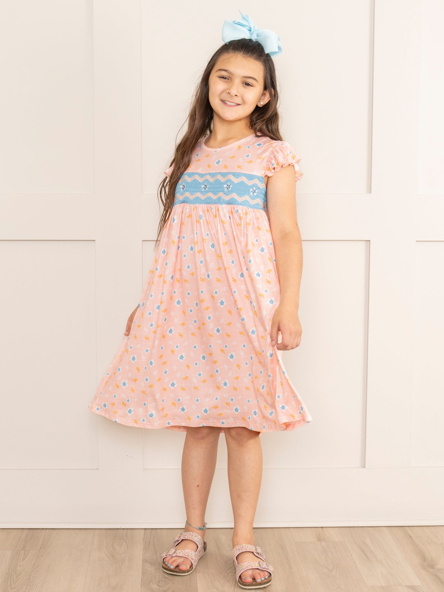 Peachy Blossoms Smocked Ruffle Dress - Marie Nicole Clothing