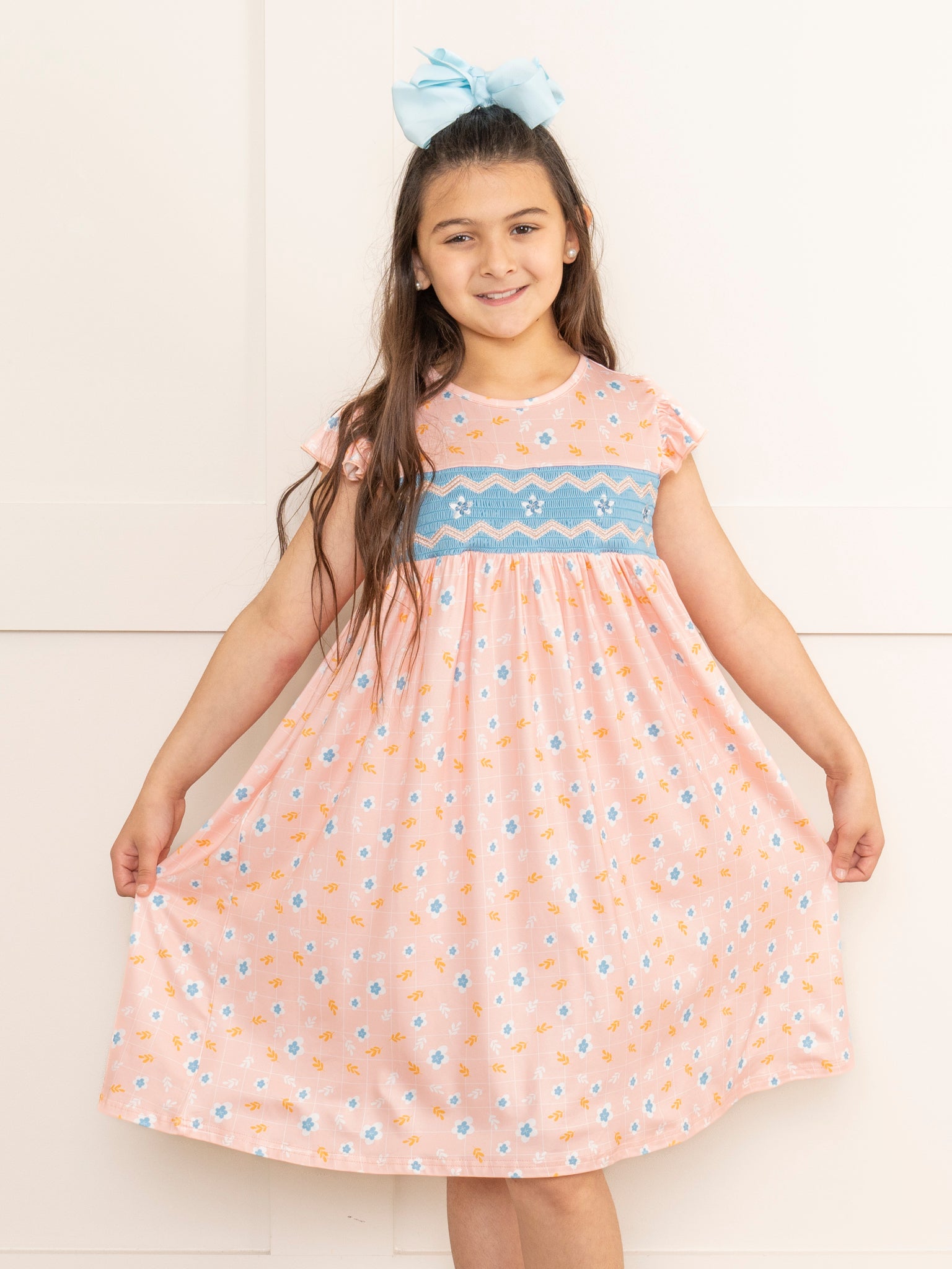 Peachy Blossoms Smocked Ruffle Dress - Marie Nicole Clothing