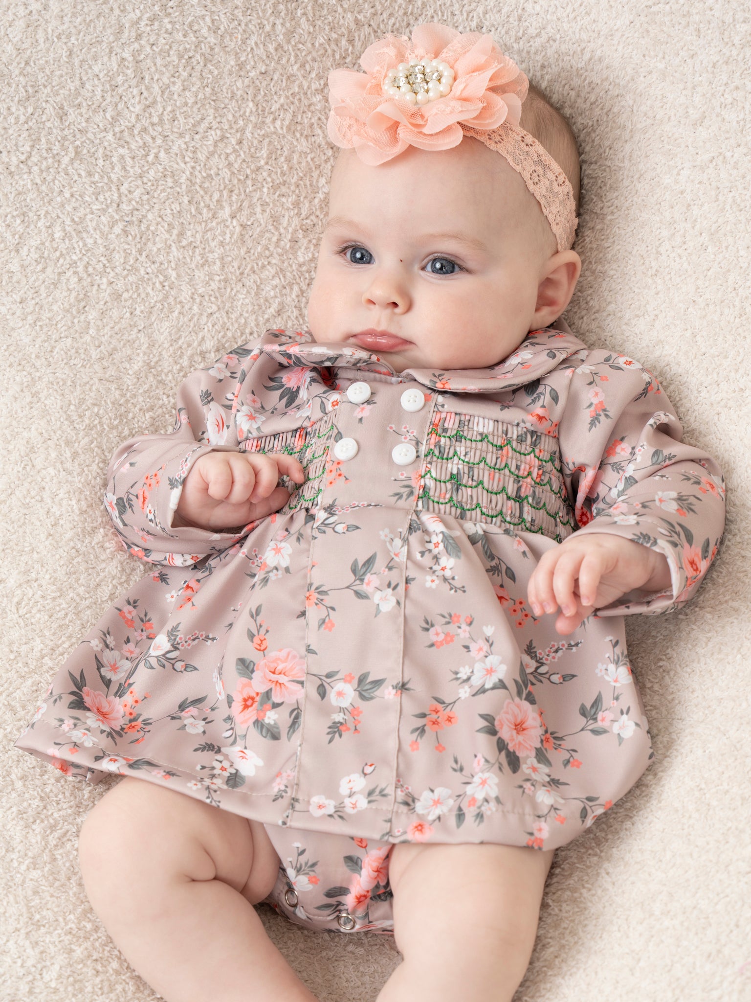 Tan Vintage Florals Smocked Bubble Romper - Marie Nicole Clothing