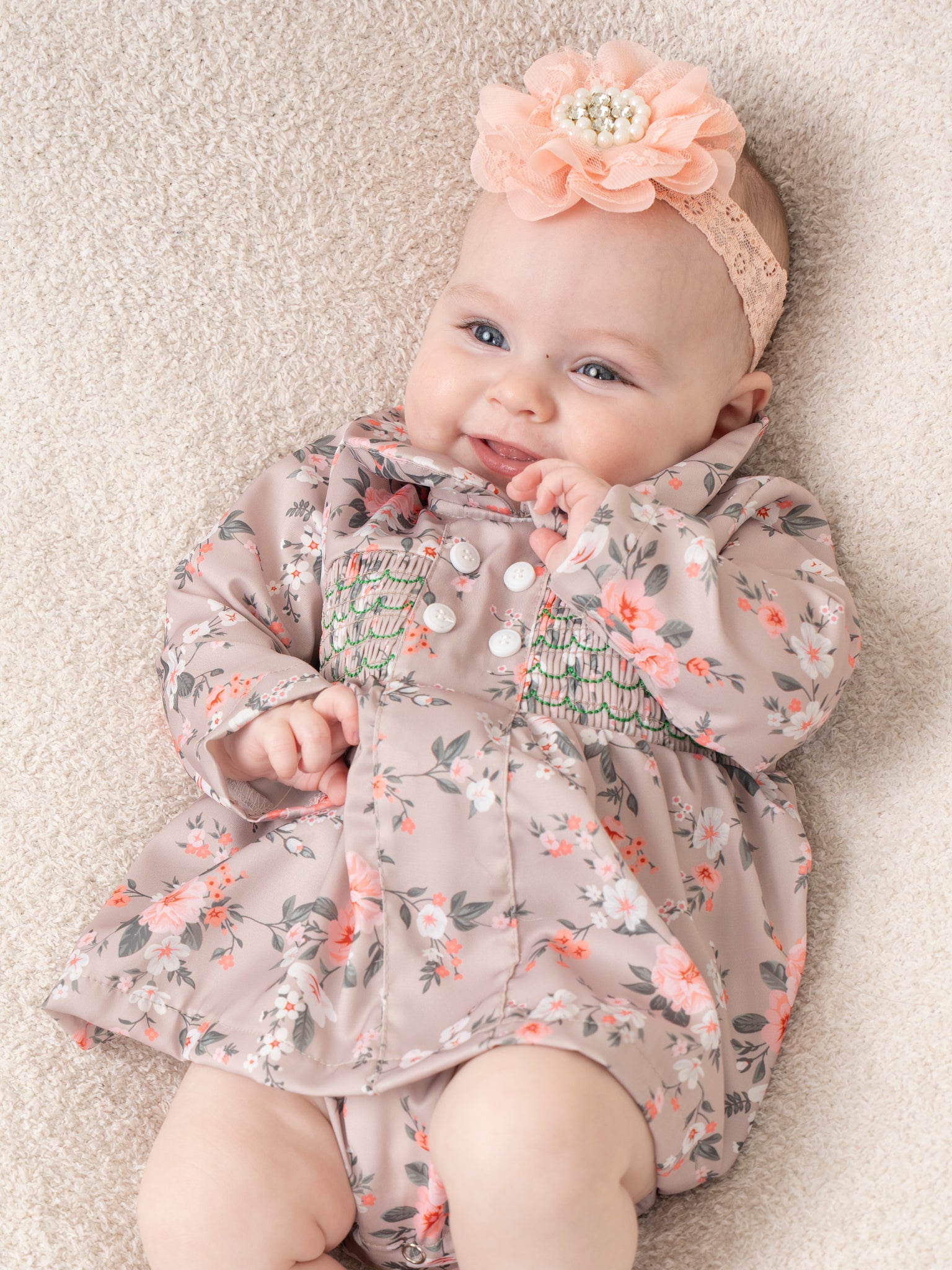 Tan Vintage Florals Smocked Bubble Romper - Marie Nicole Clothing