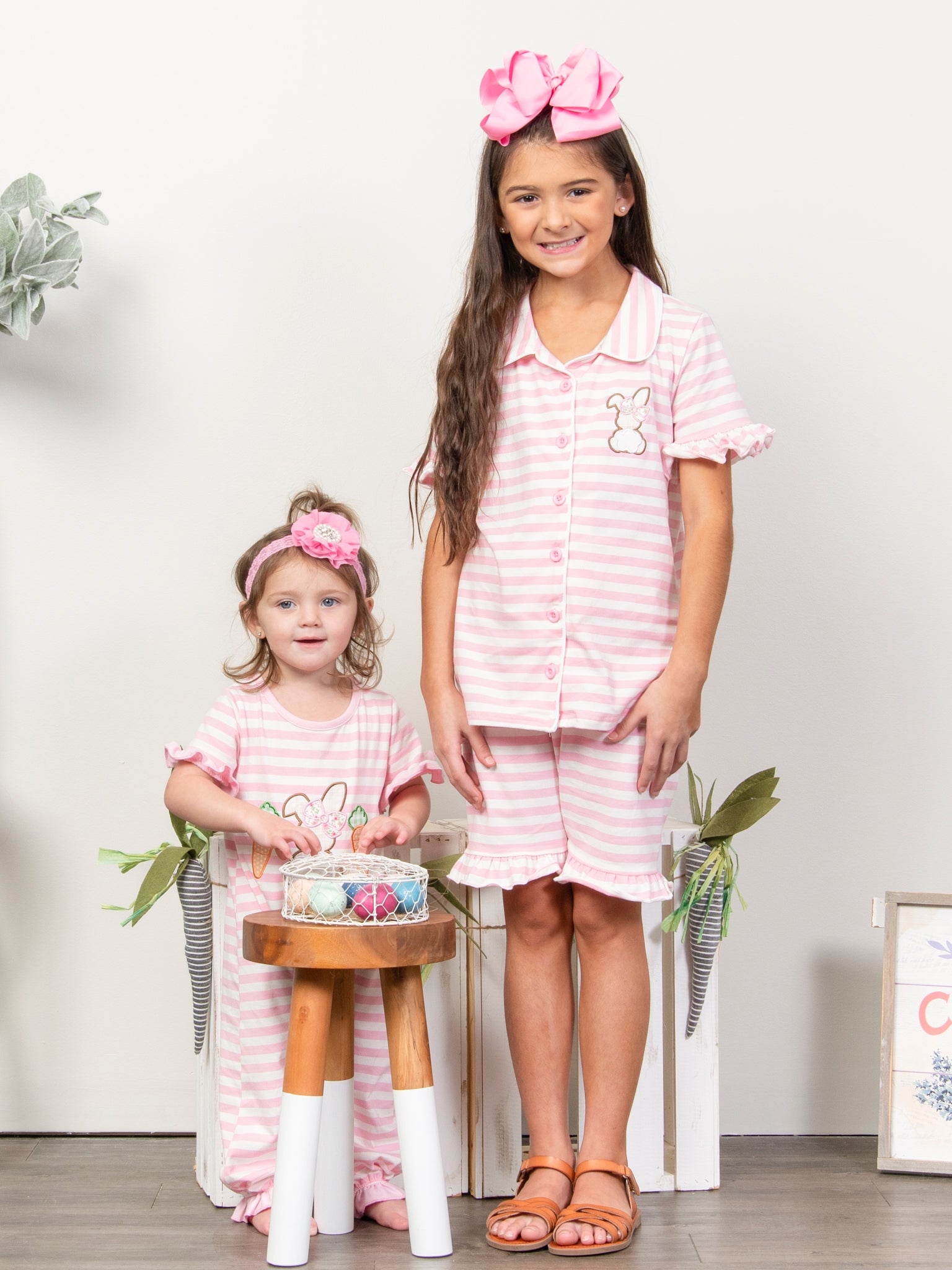 Striped Bunny & Carrots Pink Ruffle Pajamas - Marie Nicole Clothing