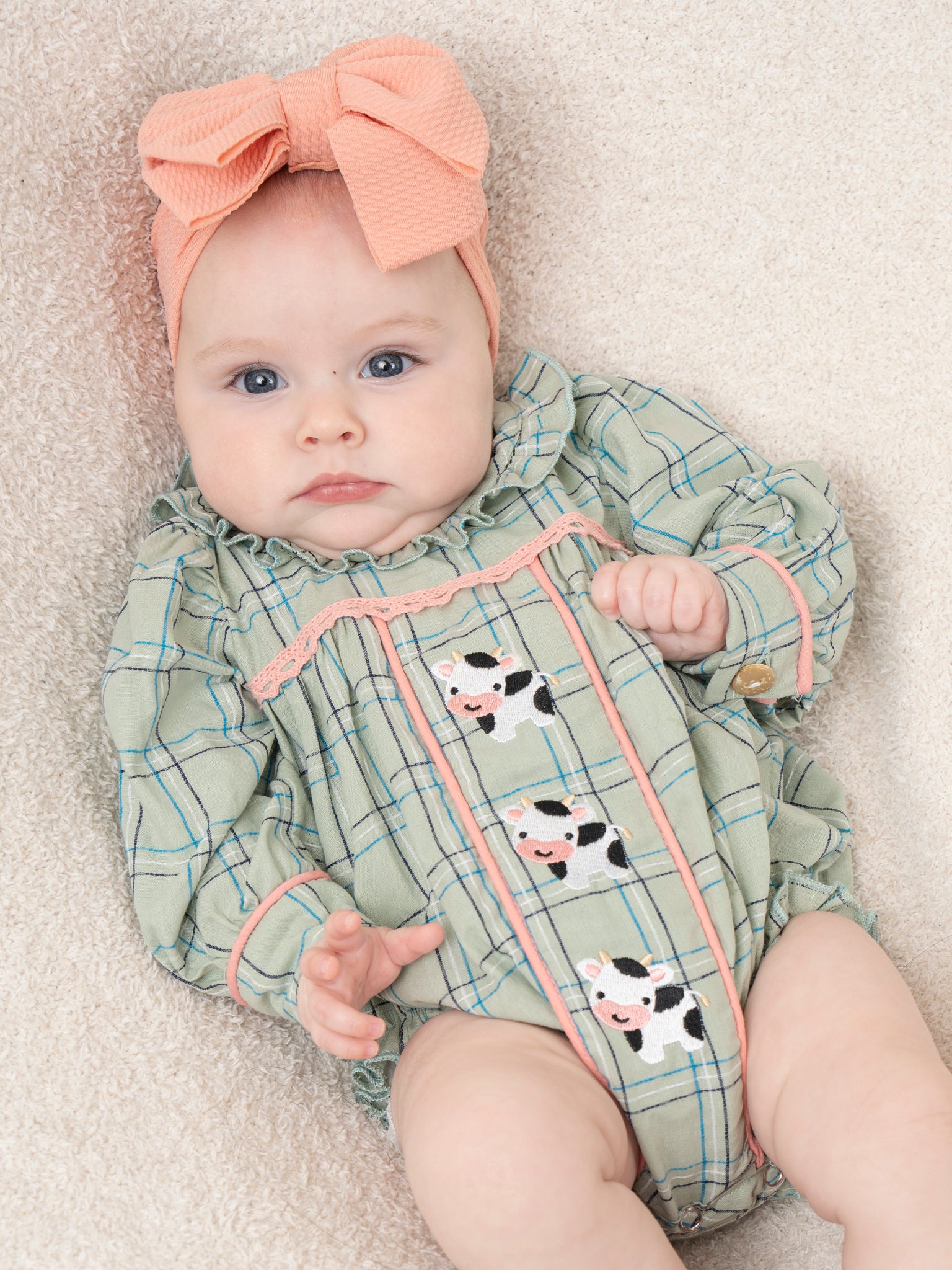 Mint Plaid Embroidered Cow Bubble Romper - Marie Nicole Clothing