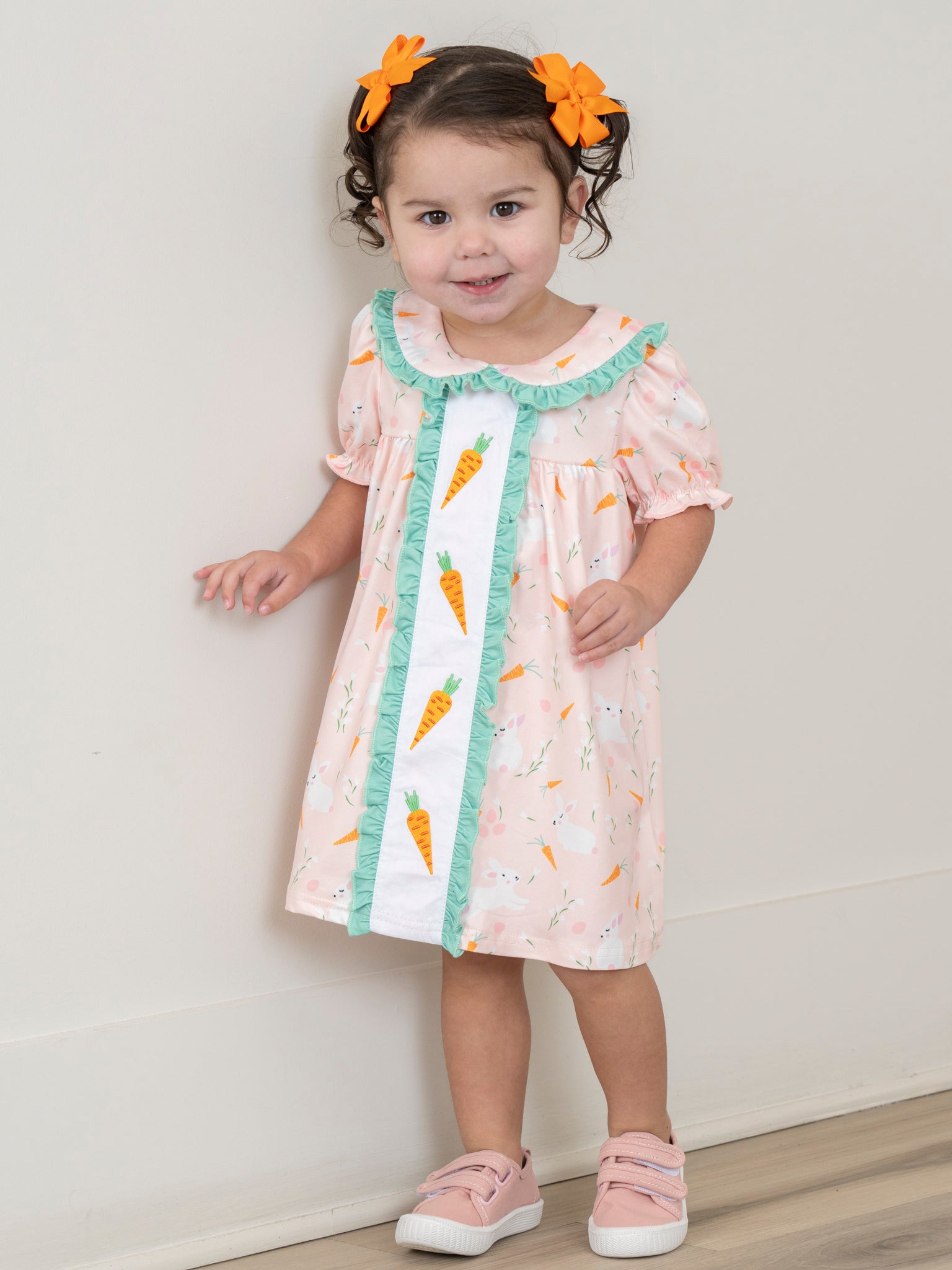 Peach & Green Embroidered Carrots Ruffle Dress - Marie Nicole Clothing