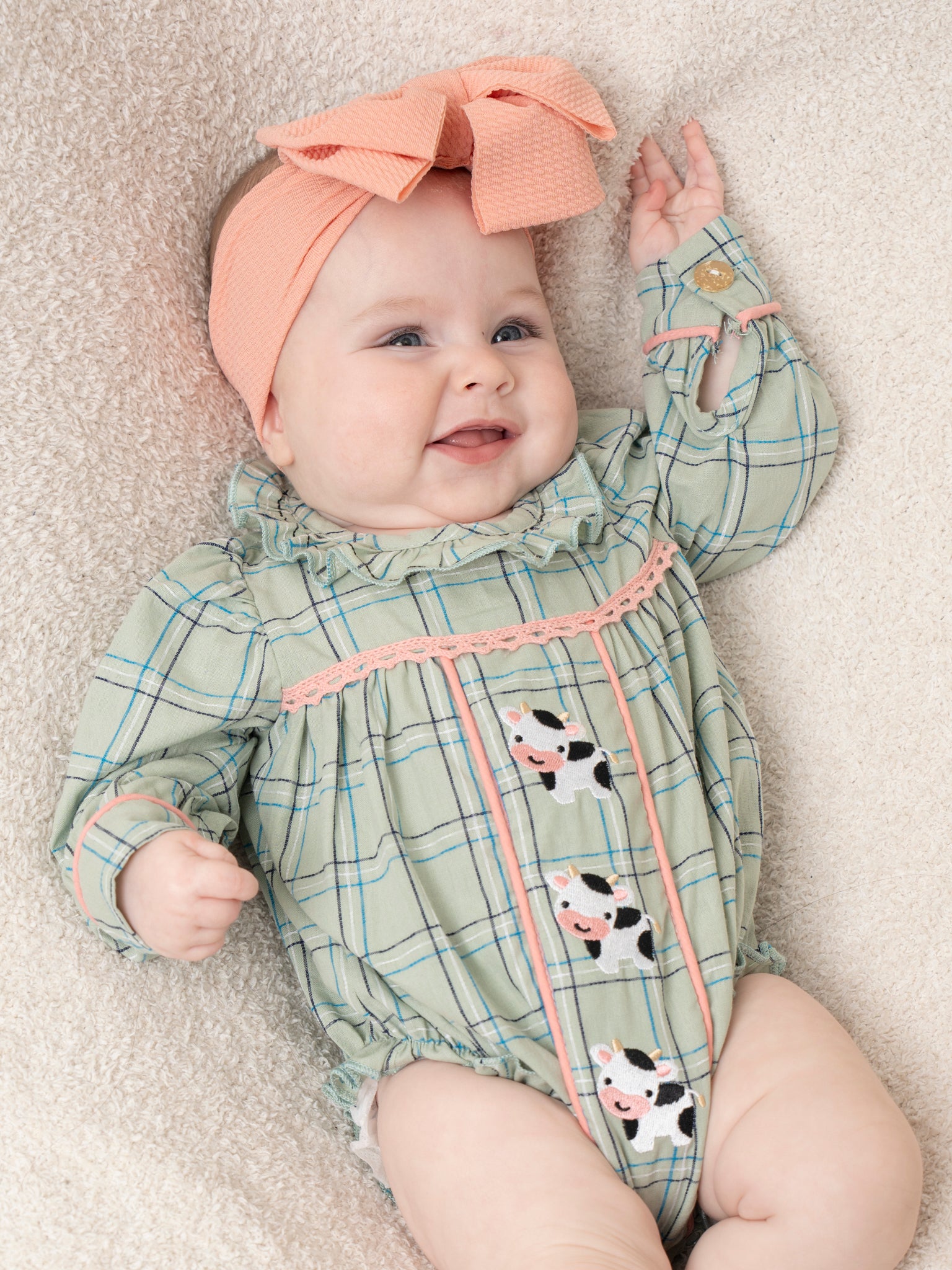 Mint Plaid Embroidered Cow Bubble Romper - Marie Nicole Clothing