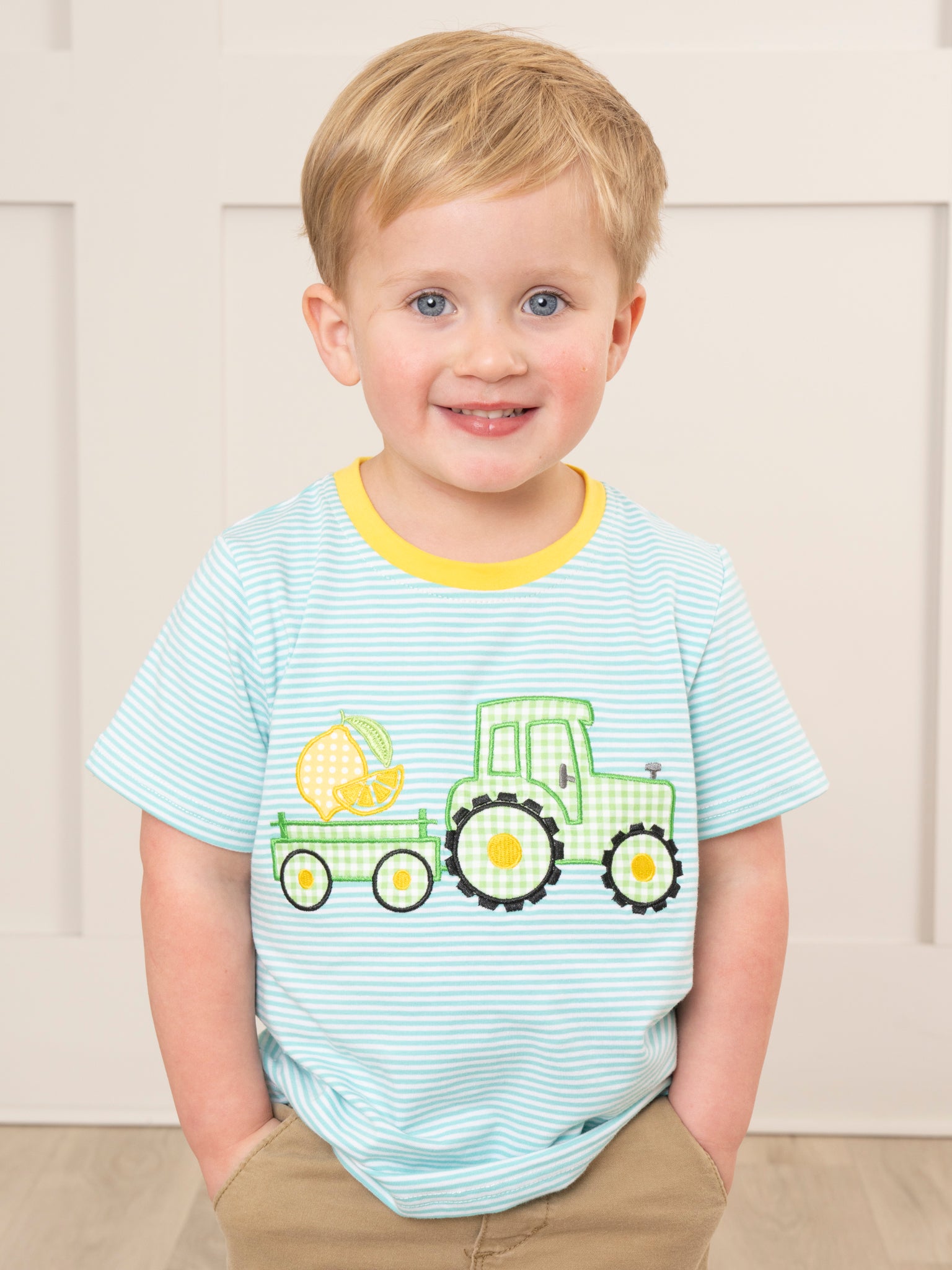 Teal Embroidered Lemon Tractor Shirt - Marie Nicole Clothing