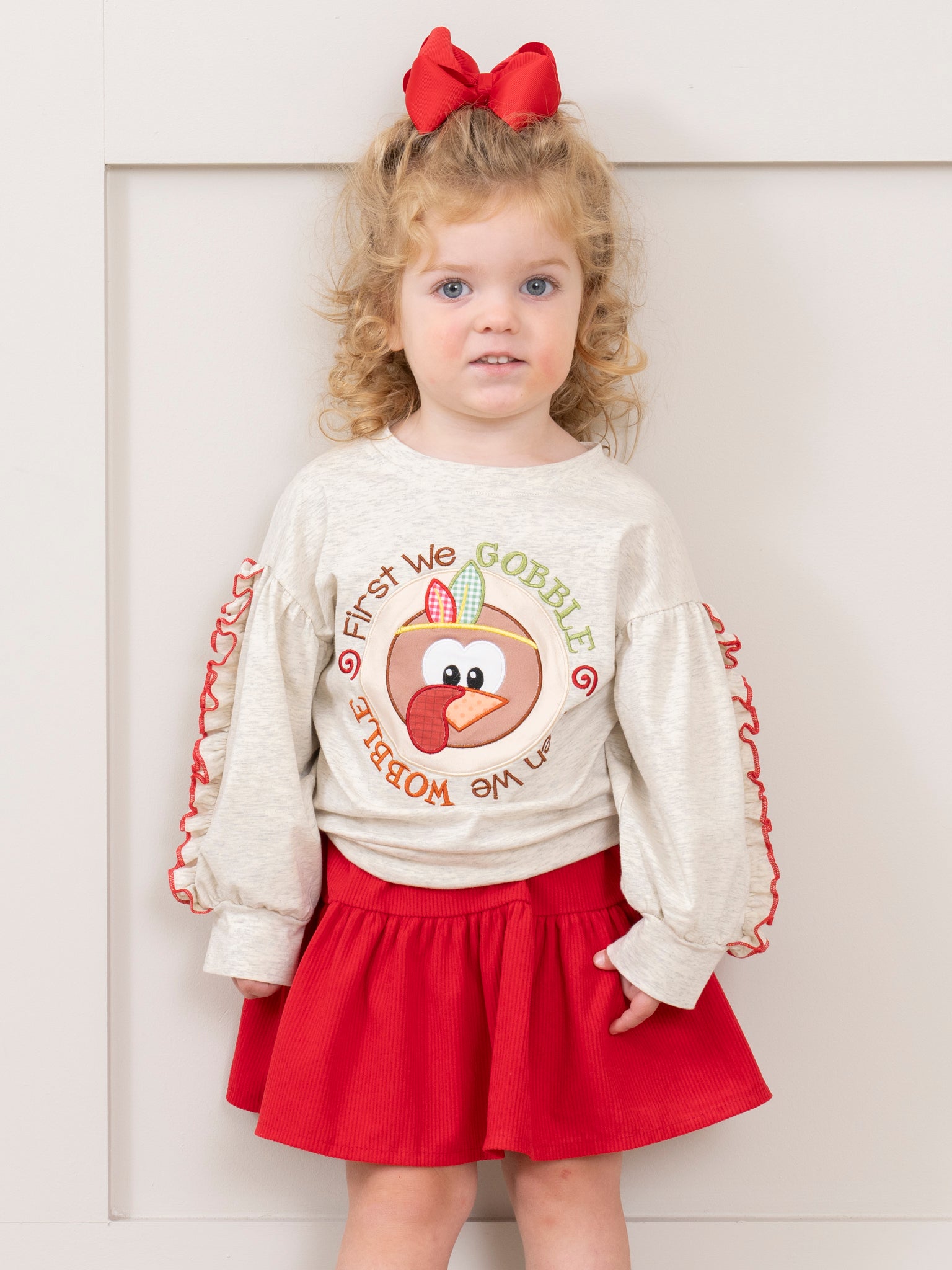 Heathered Oatmeal & Red Gobble & Wobble Outfit w/ Skirt - Marie Nicole Clothing