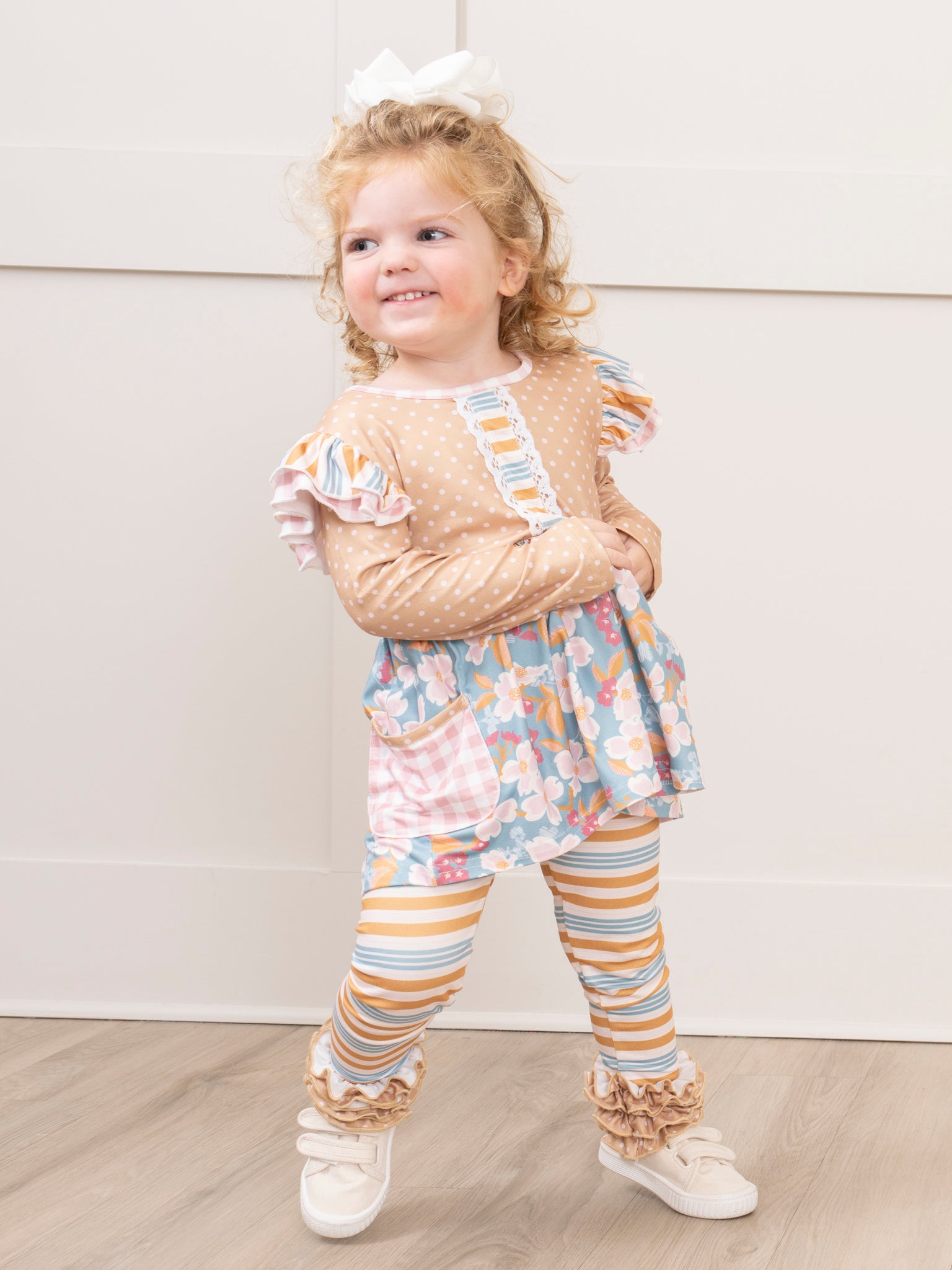 Long - Sleeved Mixed Print Ruffle Outfit - Marie Nicole Clothing