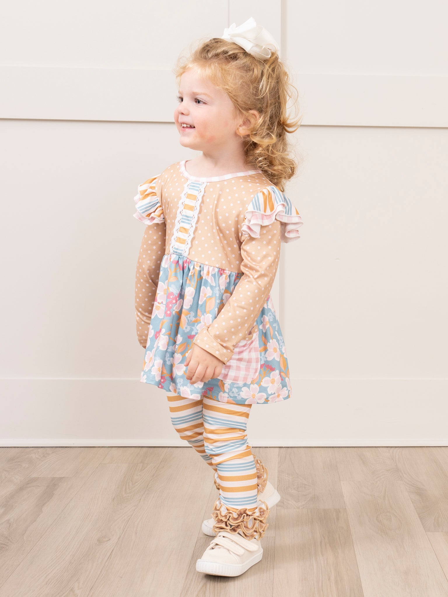 Long - Sleeved Mixed Print Ruffle Outfit - Marie Nicole Clothing