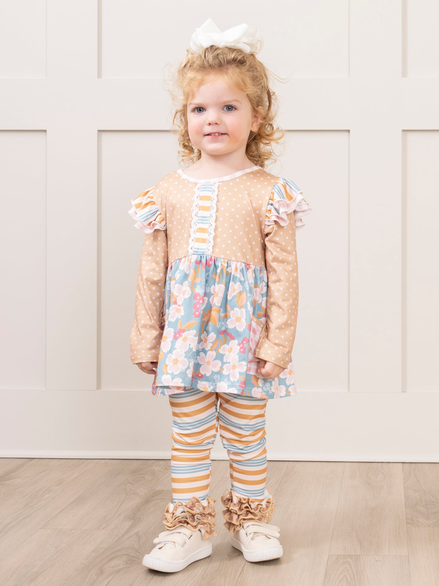 Long - Sleeved Mixed Print Ruffle Outfit - Marie Nicole Clothing