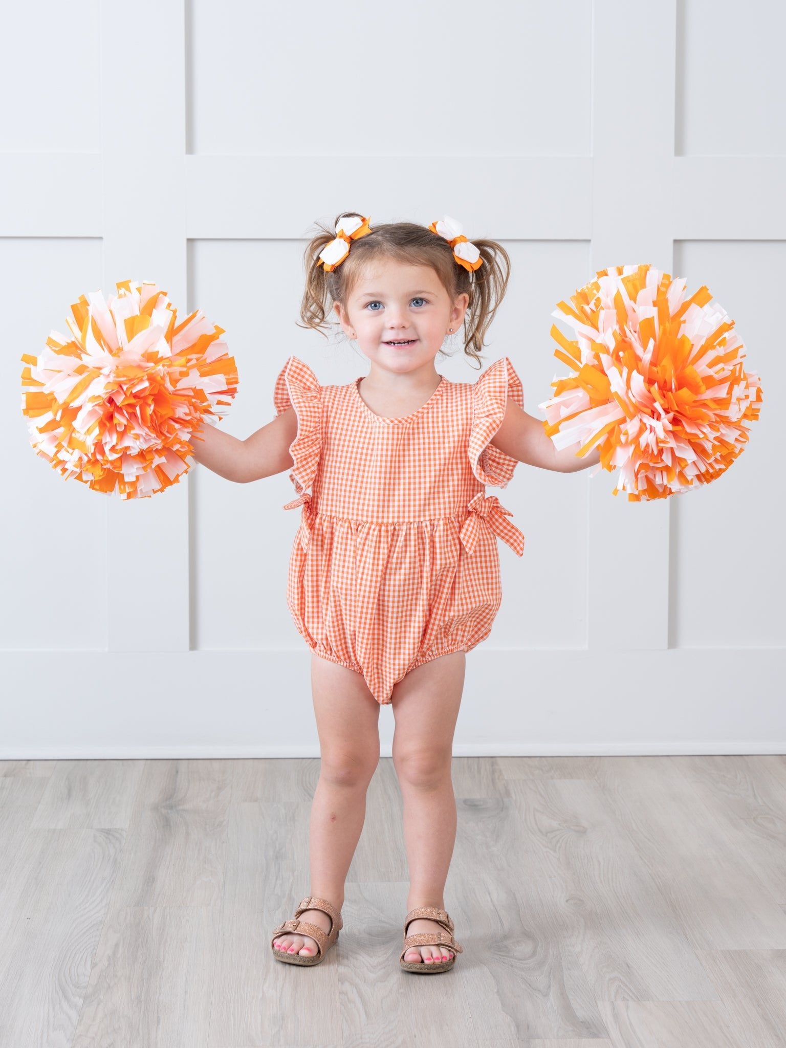 Orange & White Gingham Ruffle Bow Romper - Marie Nicole Clothing