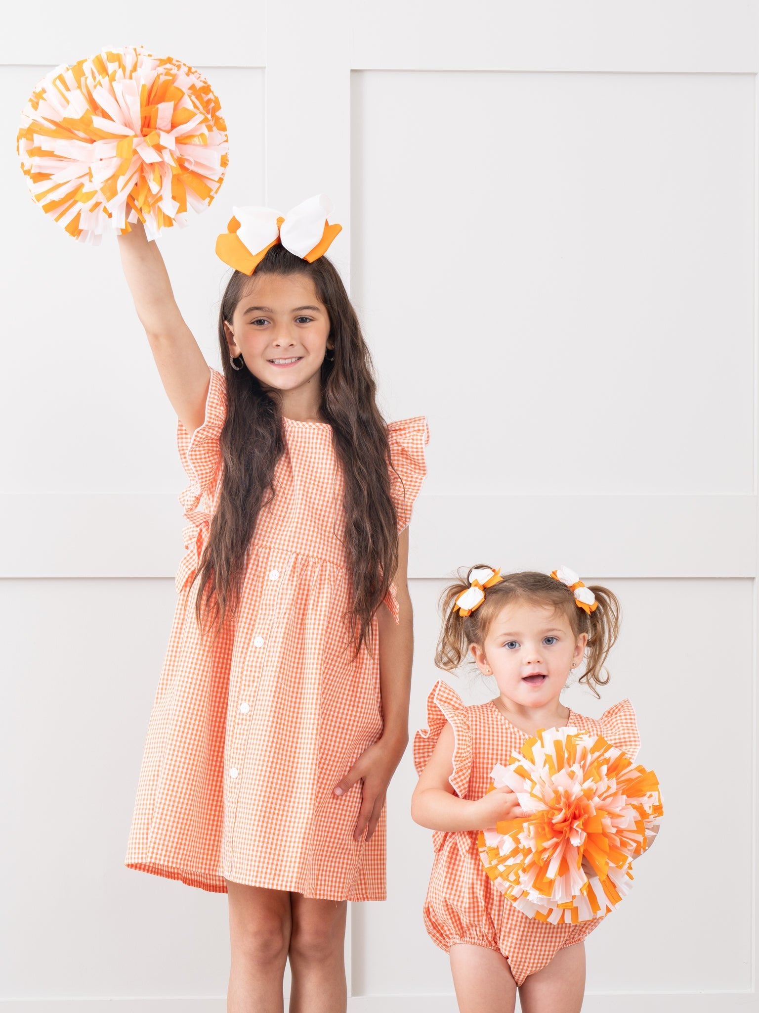 Orange & White Gingham Ruffle Bow Romper - Marie Nicole Clothing