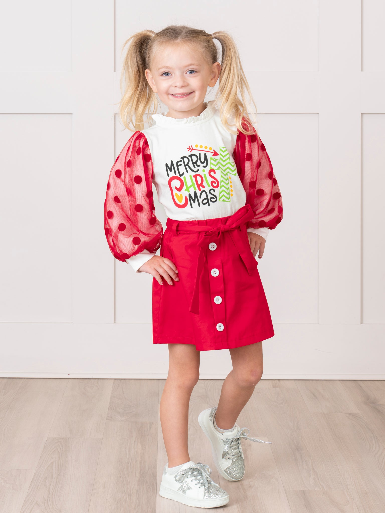 Red & White Bubble Sleeve Christmas Outfit w/ Skirt - Marie Nicole Clothing