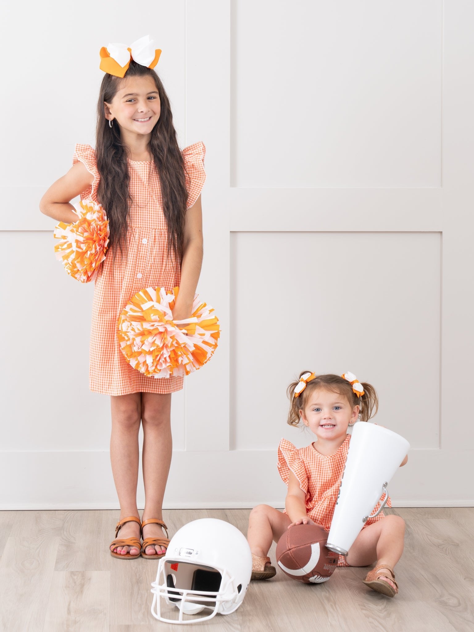 Orange & White Gingham Ruffle Bow Dress - Marie Nicole Clothing
