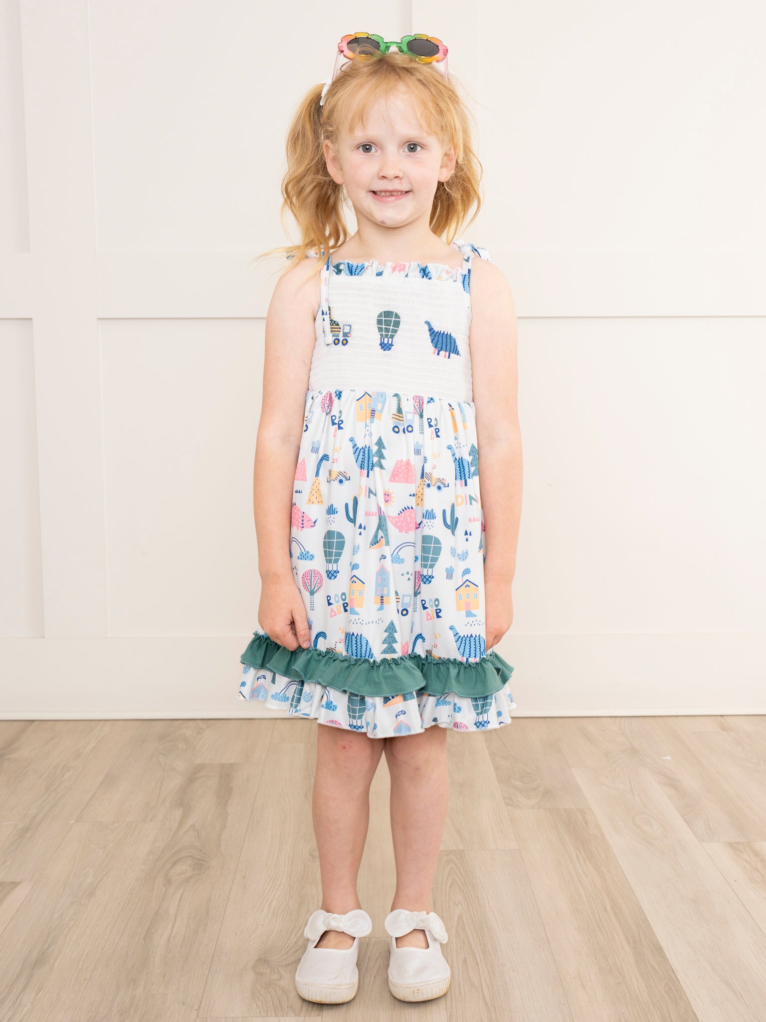 Hunter Green Smocked Dinosaur Friends Dress - Marie Nicole Clothing
