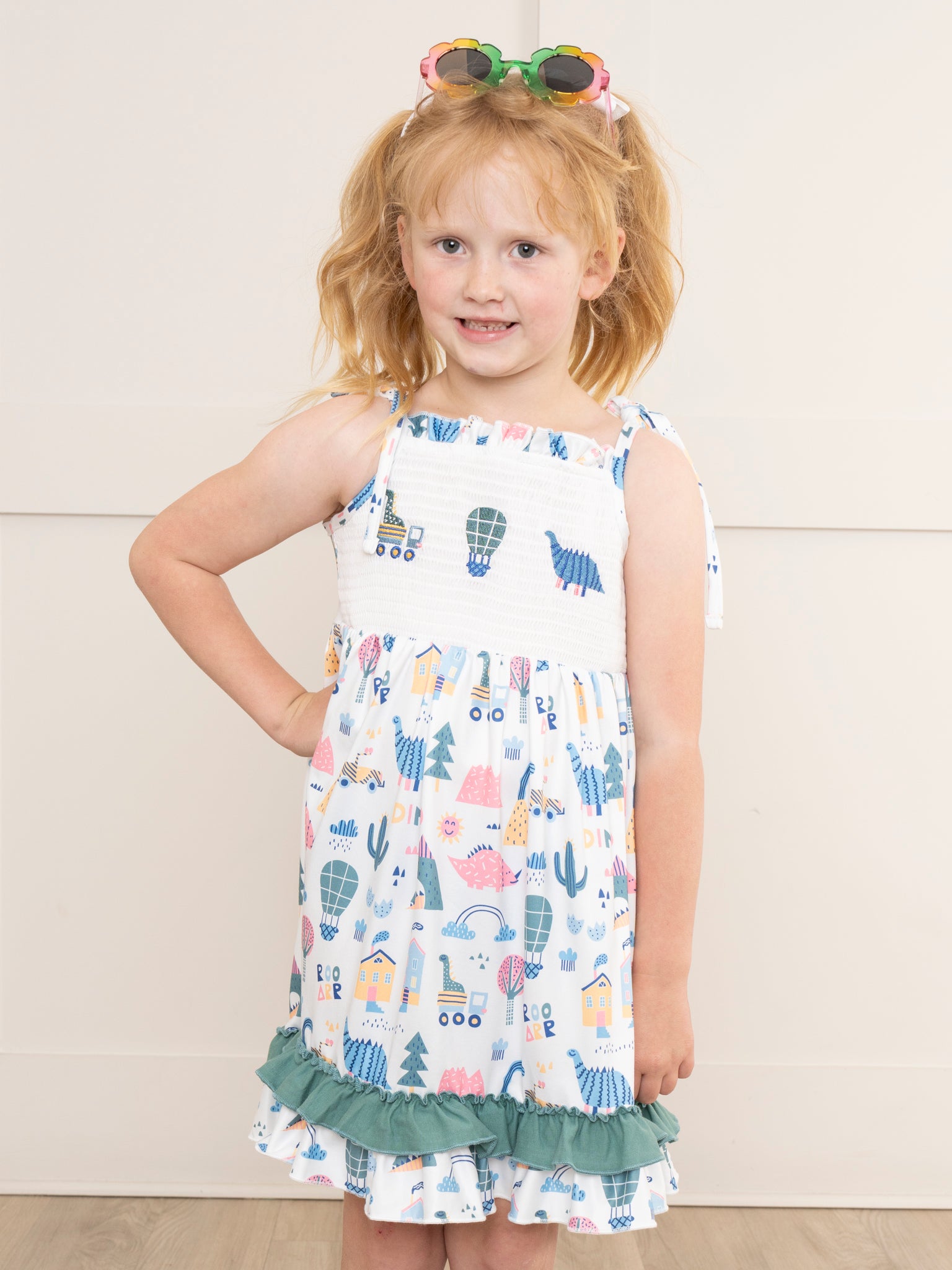 Hunter Green Smocked Dinosaur Friends Dress - Marie Nicole Clothing
